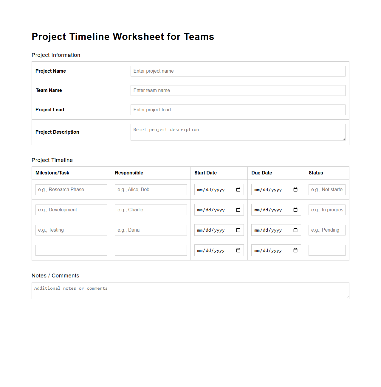 Project Timeline Worksheet for Teams