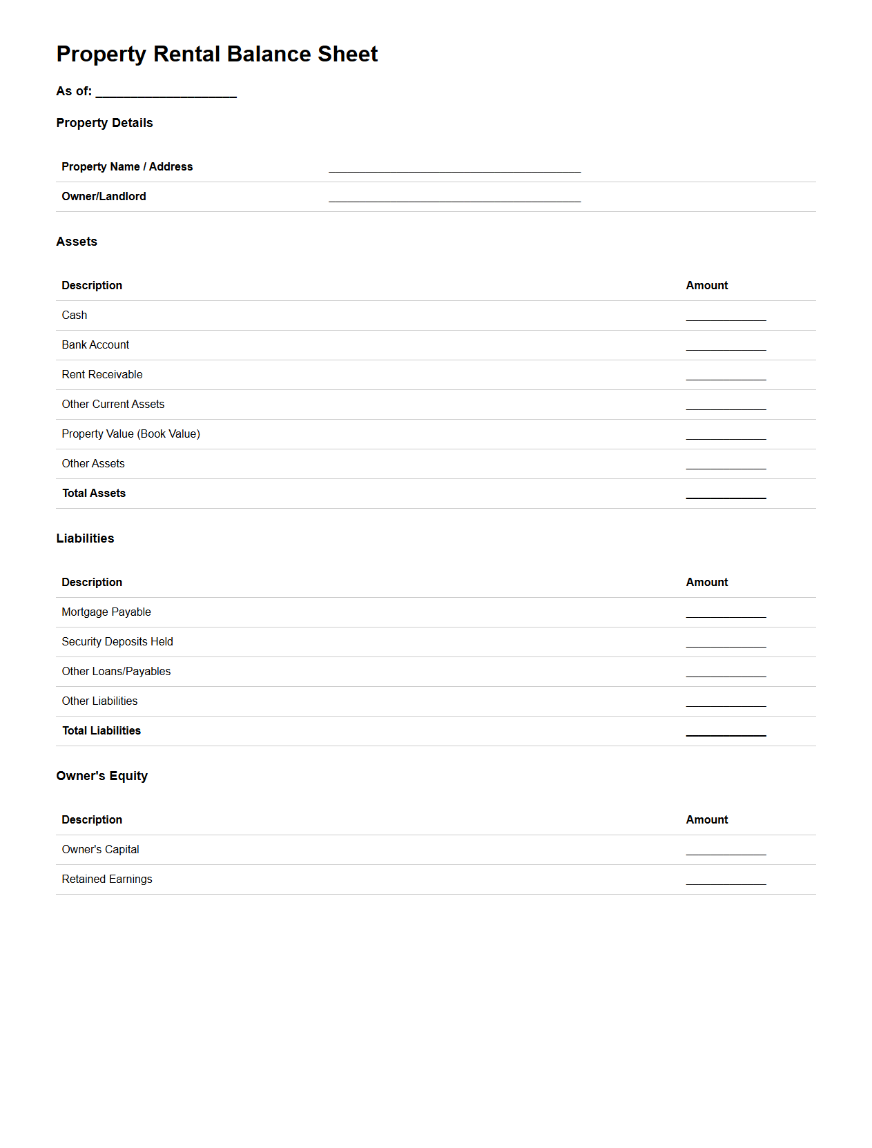 Property Rental Balance Sheet Template