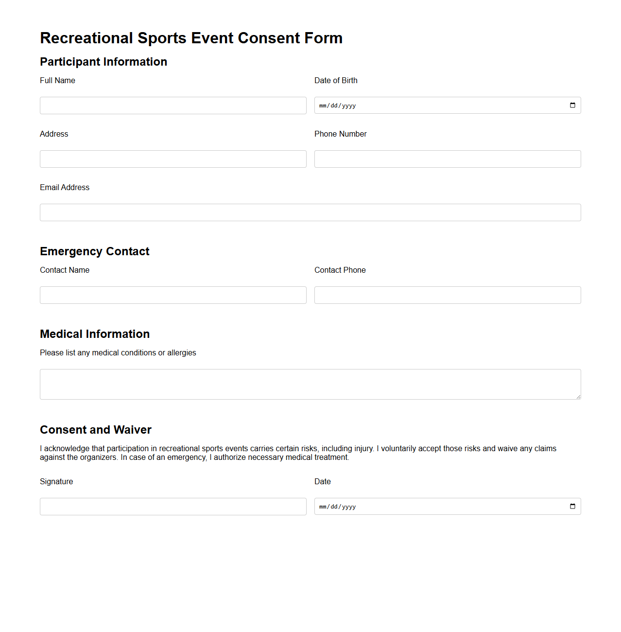 Recreational Sports Event Consent Form