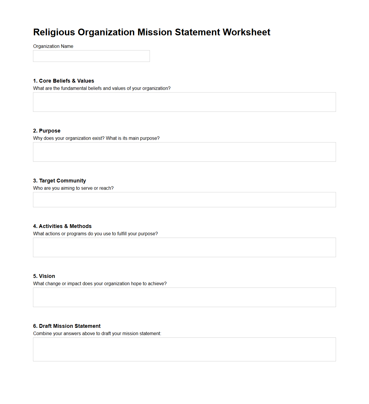 Religious Organization Mission Statement Worksheet