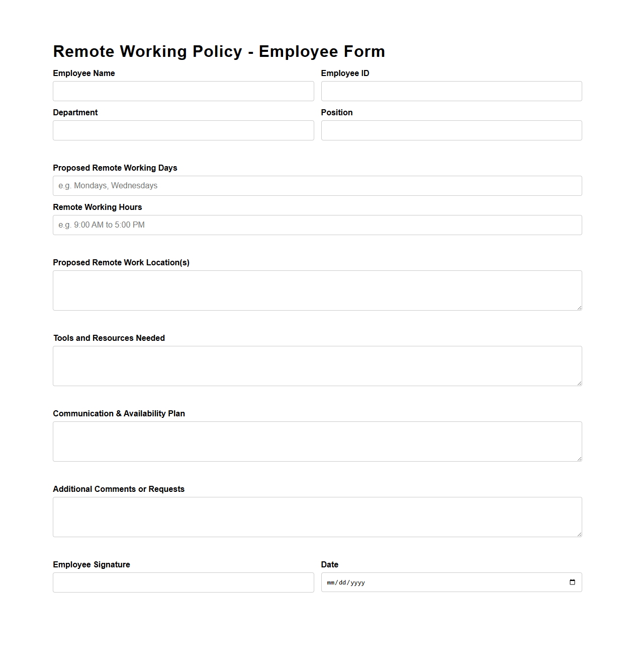 Remote Working Policy Blank Form for Employees