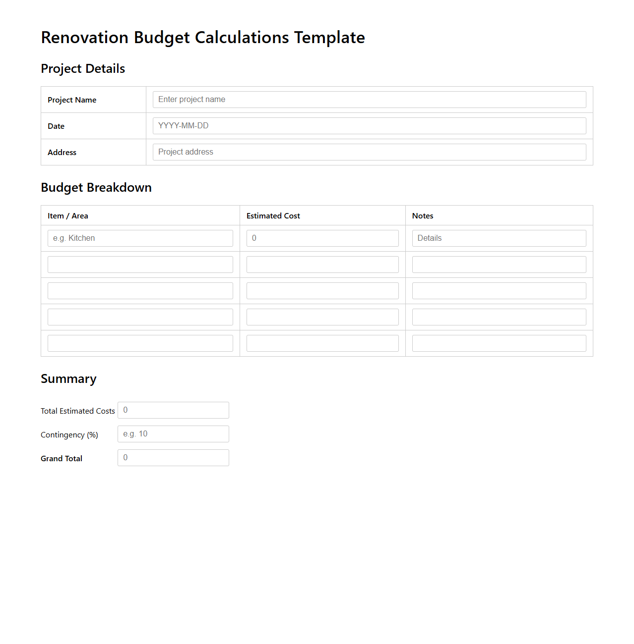 Renovation Budget Calculations Template