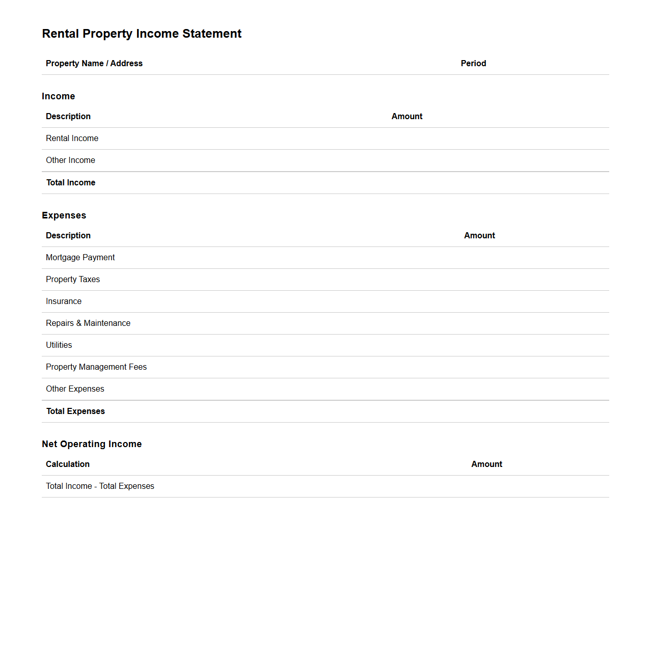 Rental Property Income Statement Template