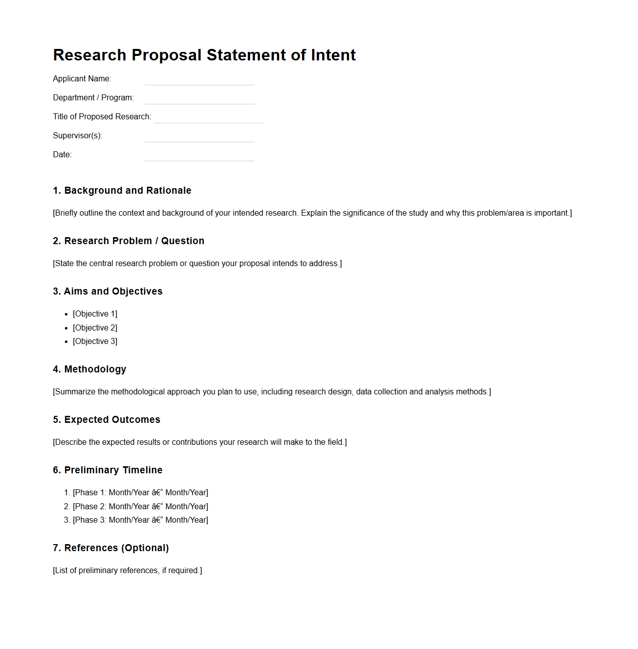 Research Proposal Statement of Intent Layout