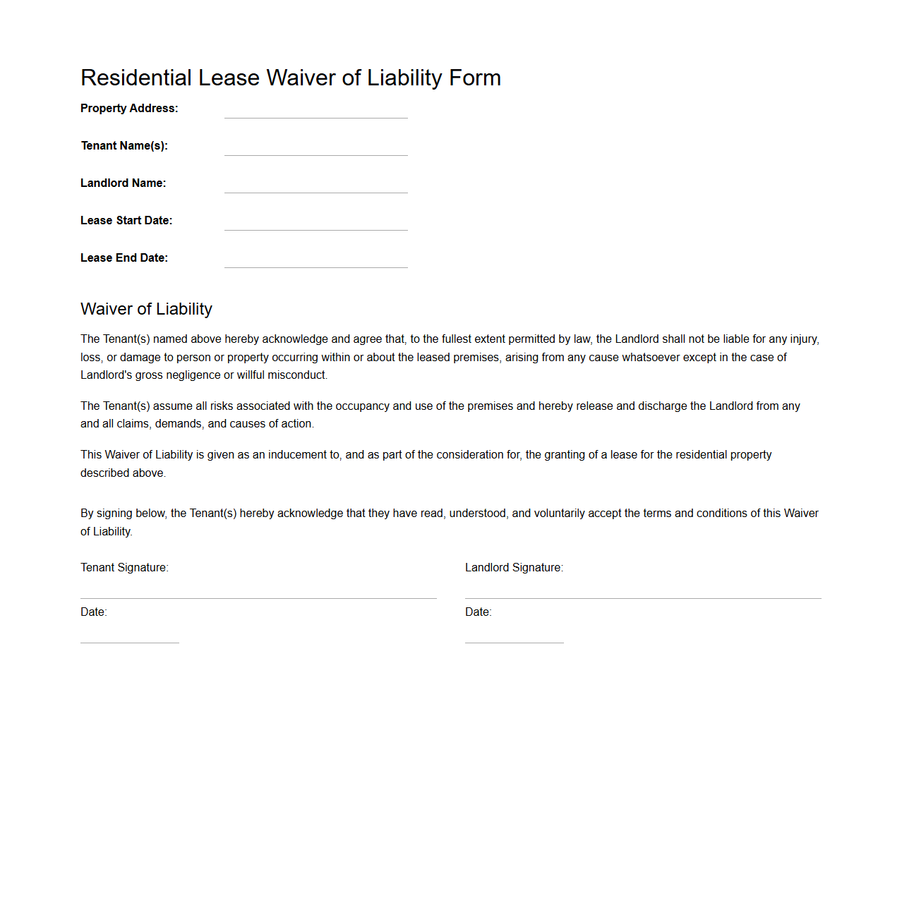 Residential Lease Waiver of Liability Form