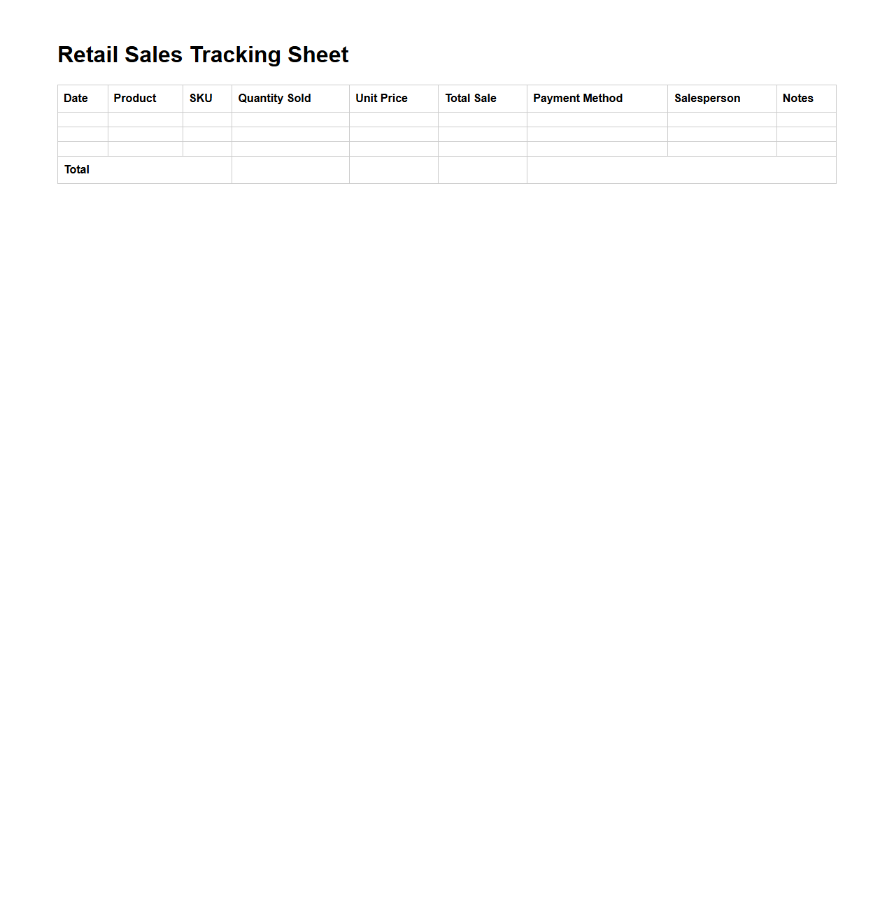 Retail Sales Tracking Sheet Template