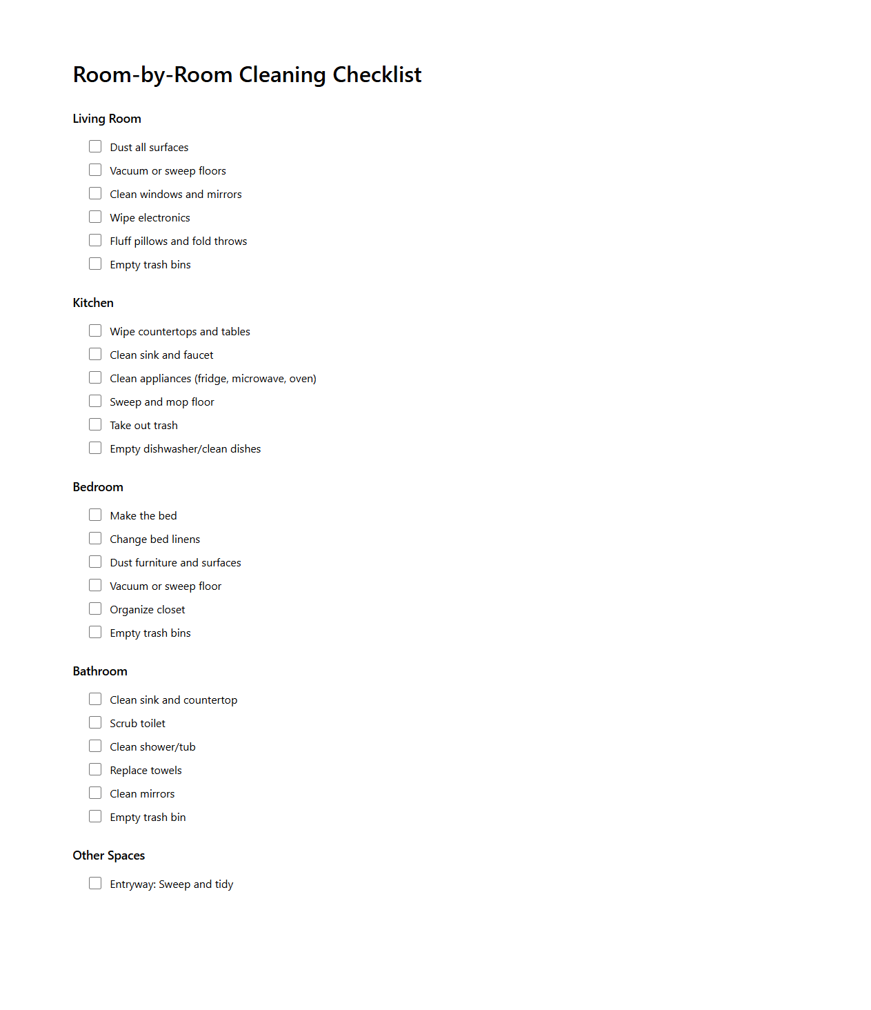Room-by-Room Cleaning Checklist Template