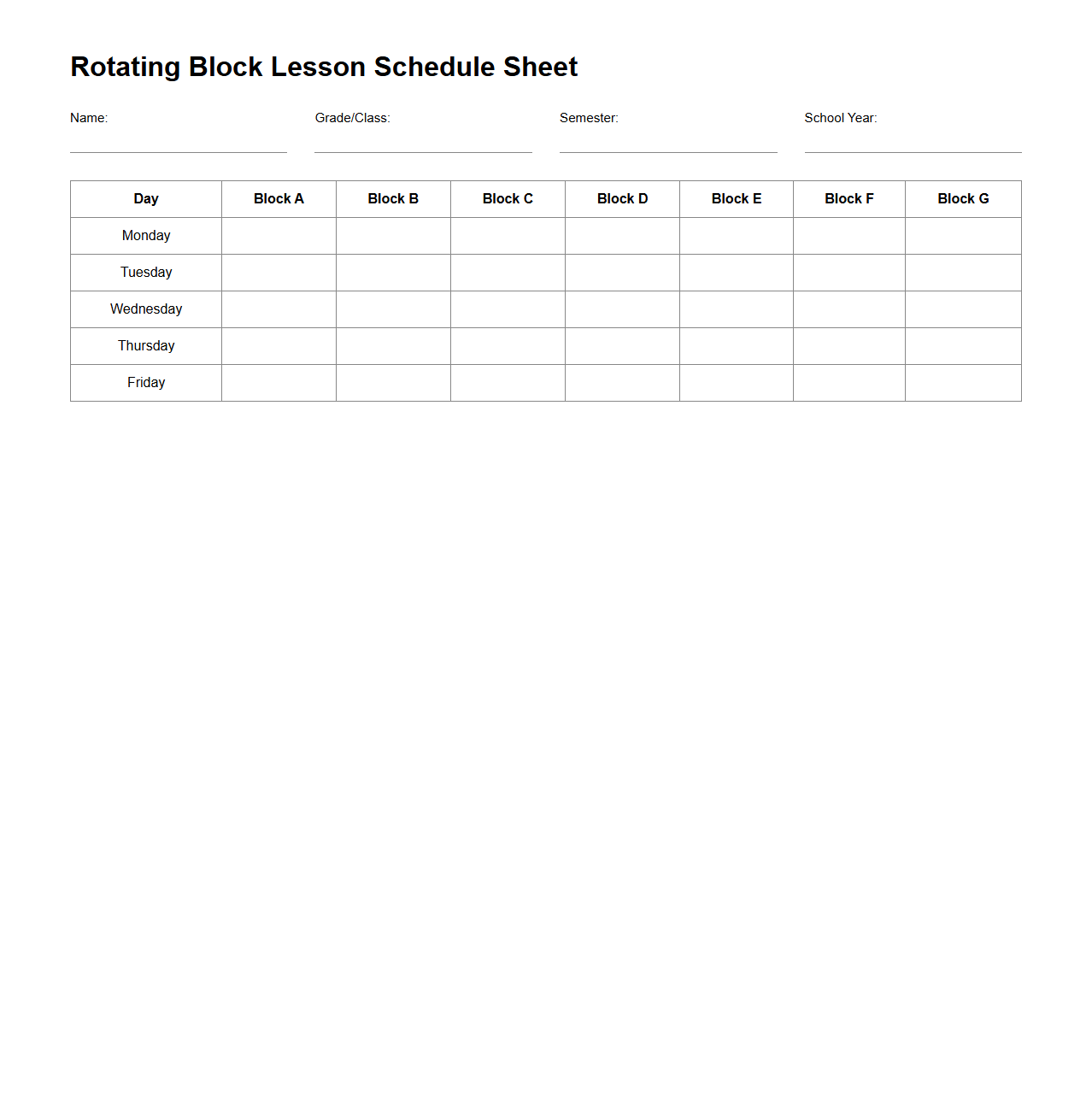 Rotating Block Lesson Schedule Sheet