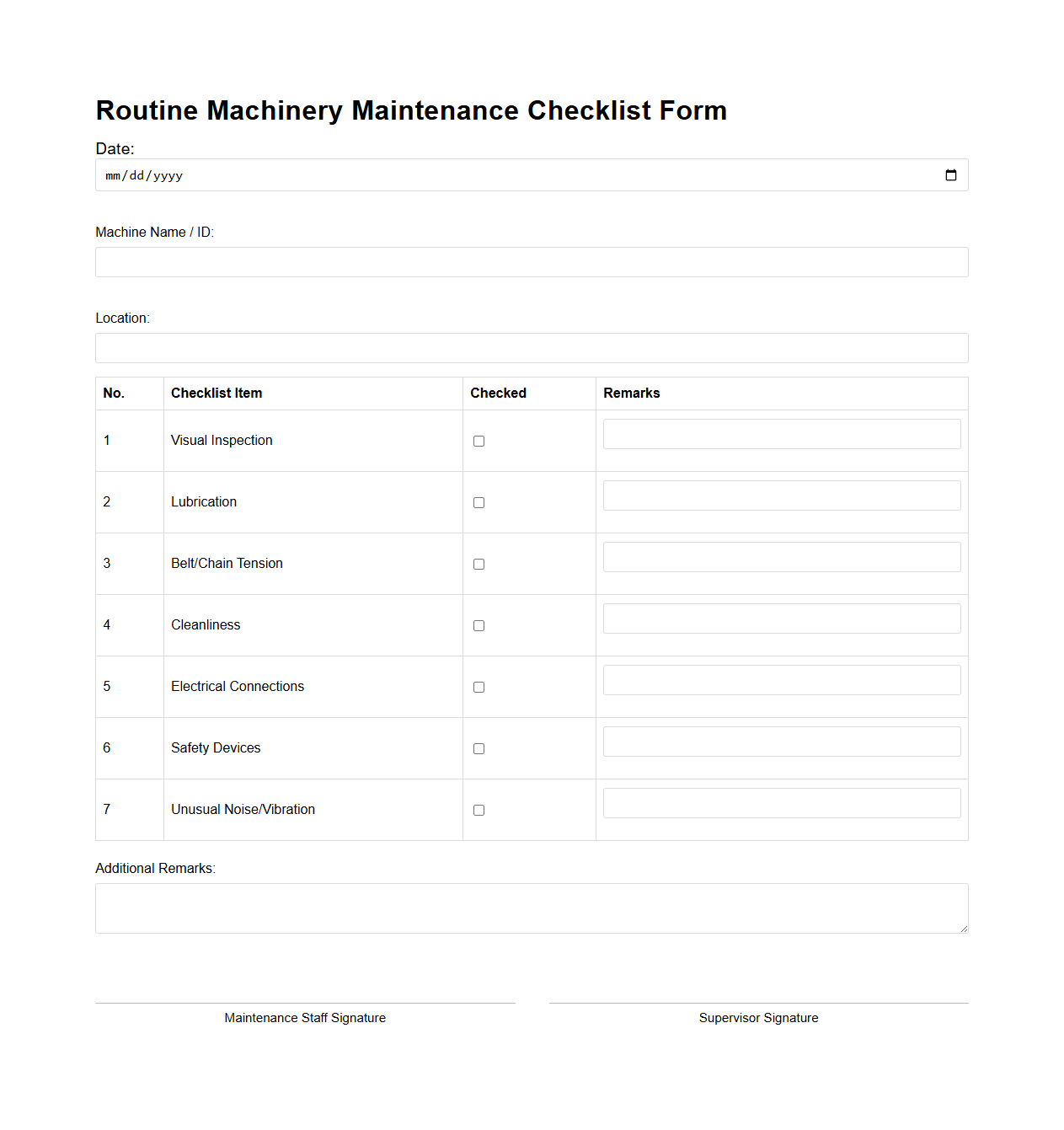 Routine Machinery Maintenance Checklist Form