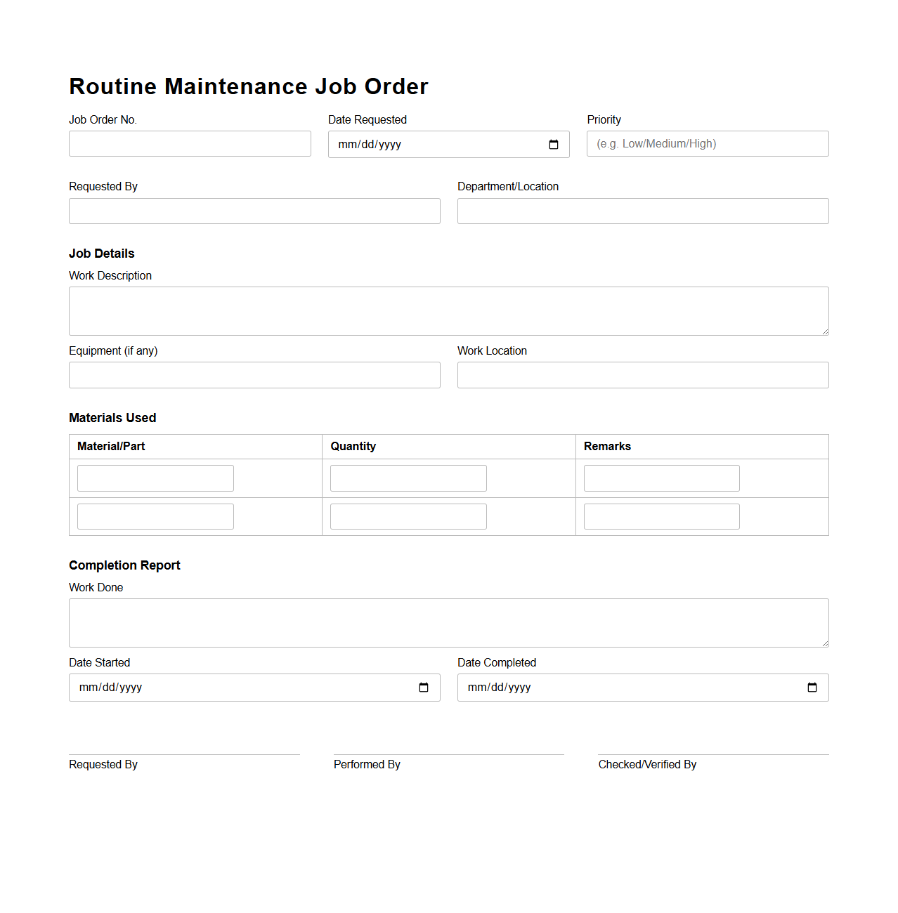 Routine Maintenance Job Order Template
