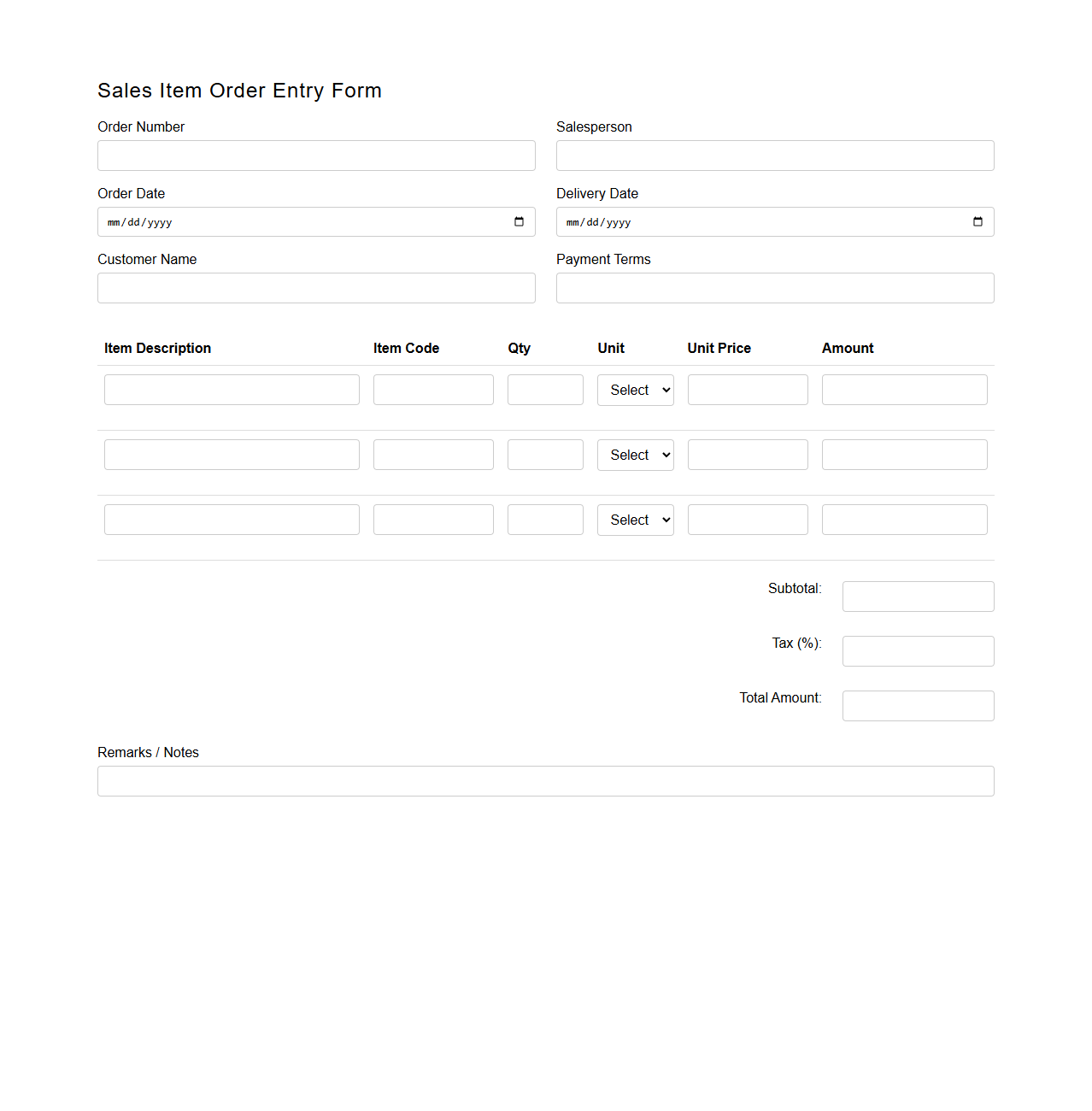 Sales Item Order Entry Form Template