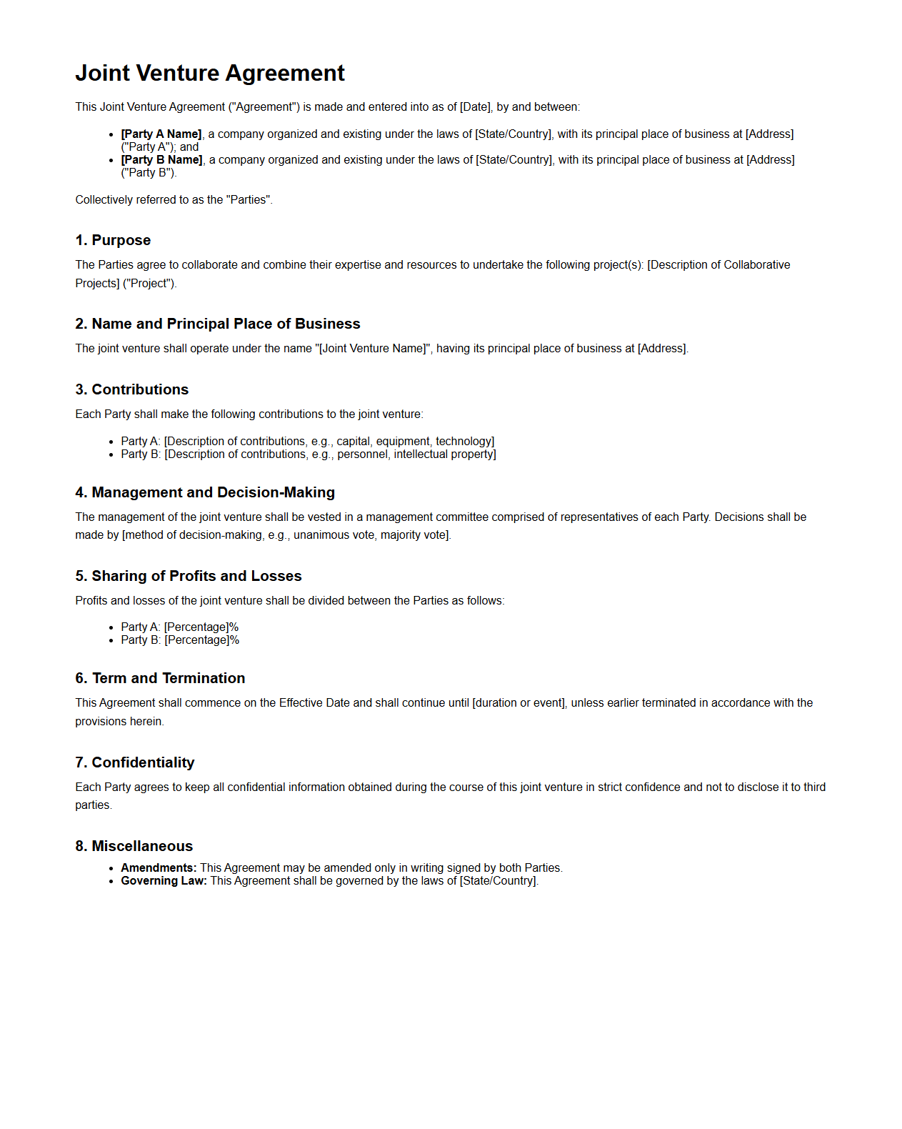 Sample Joint Venture Agreement for Collaborative Projects