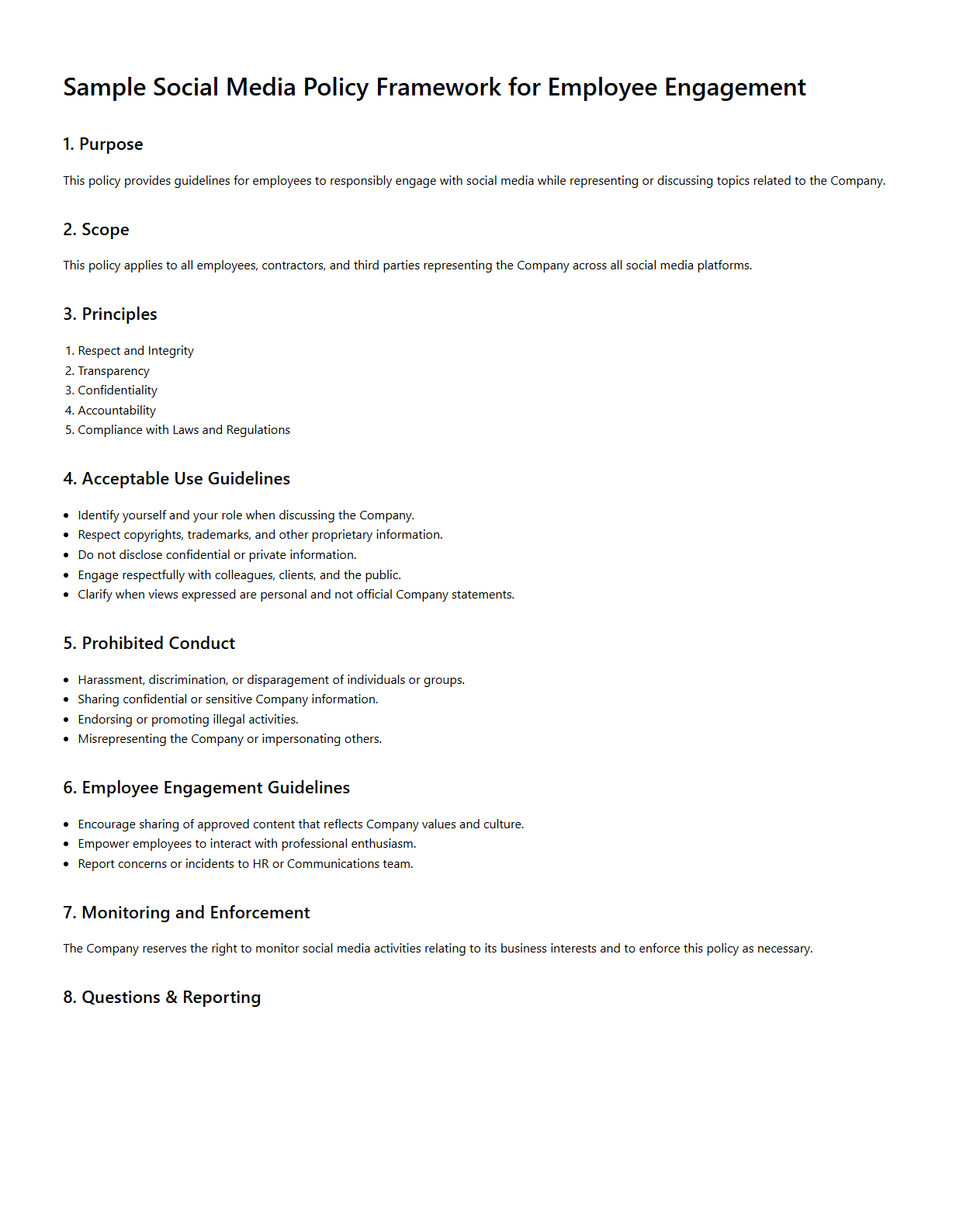 Sample Social Media Policy Framework for Employee Engagement