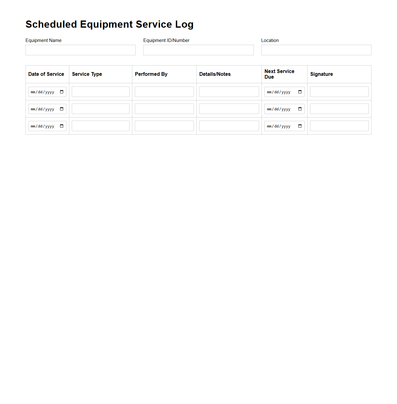 Scheduled Equipment Service Log Template