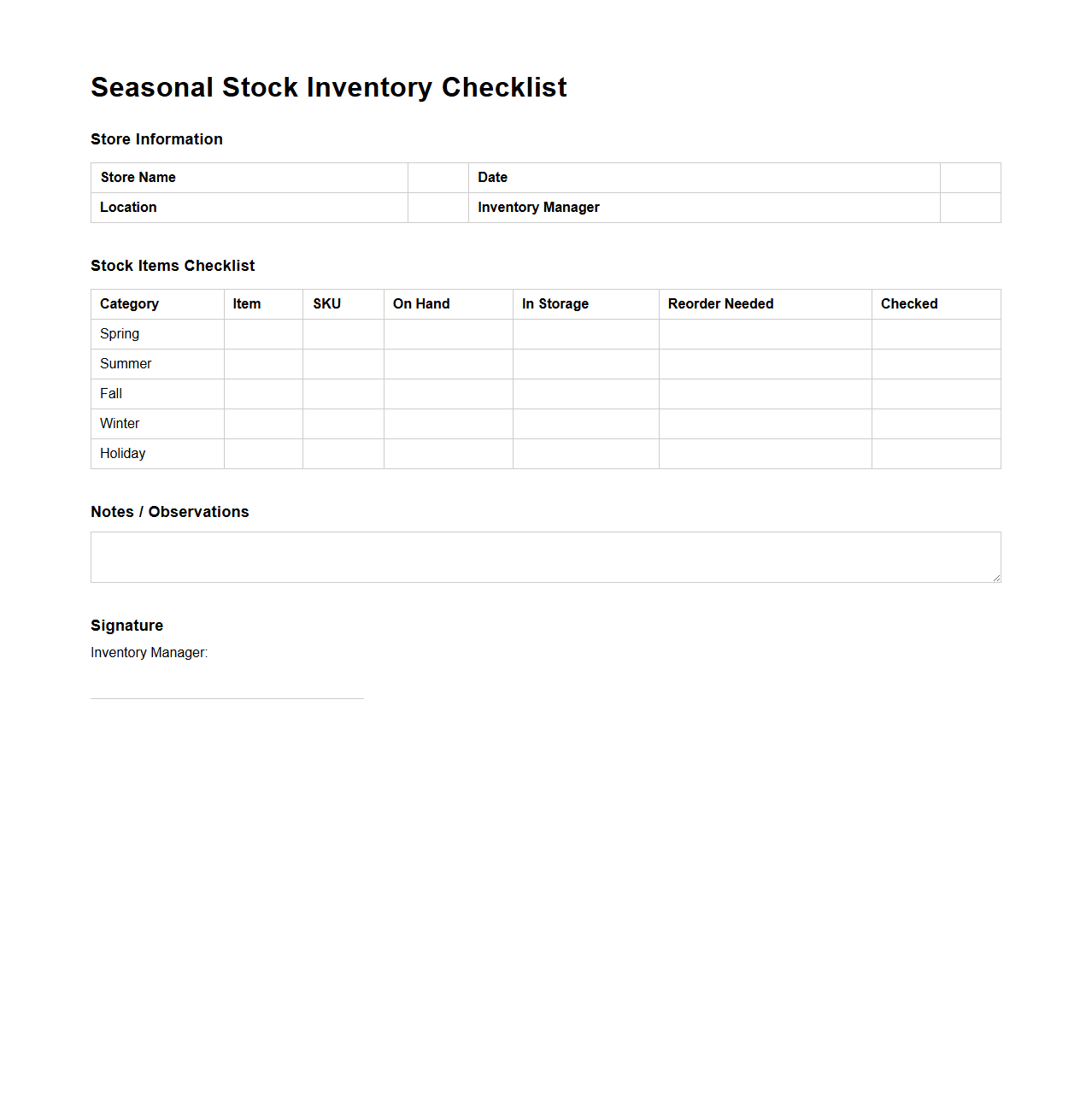 Seasonal Stock Inventory Checklist Template for Merchandising