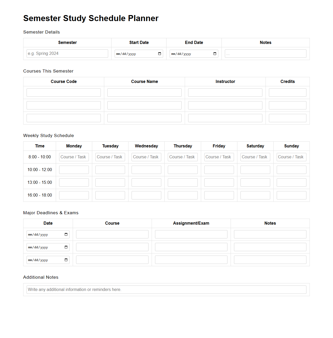 Semester Study Schedule Planner