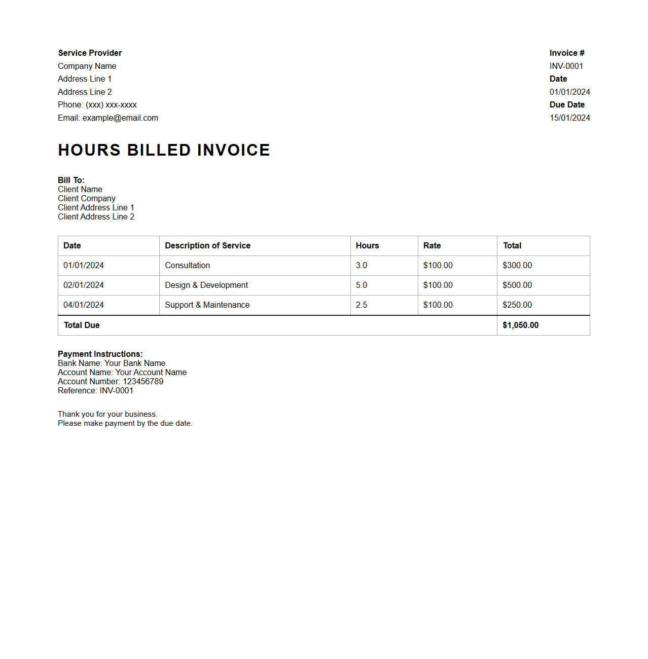 Service Provider Hours Billed Invoice