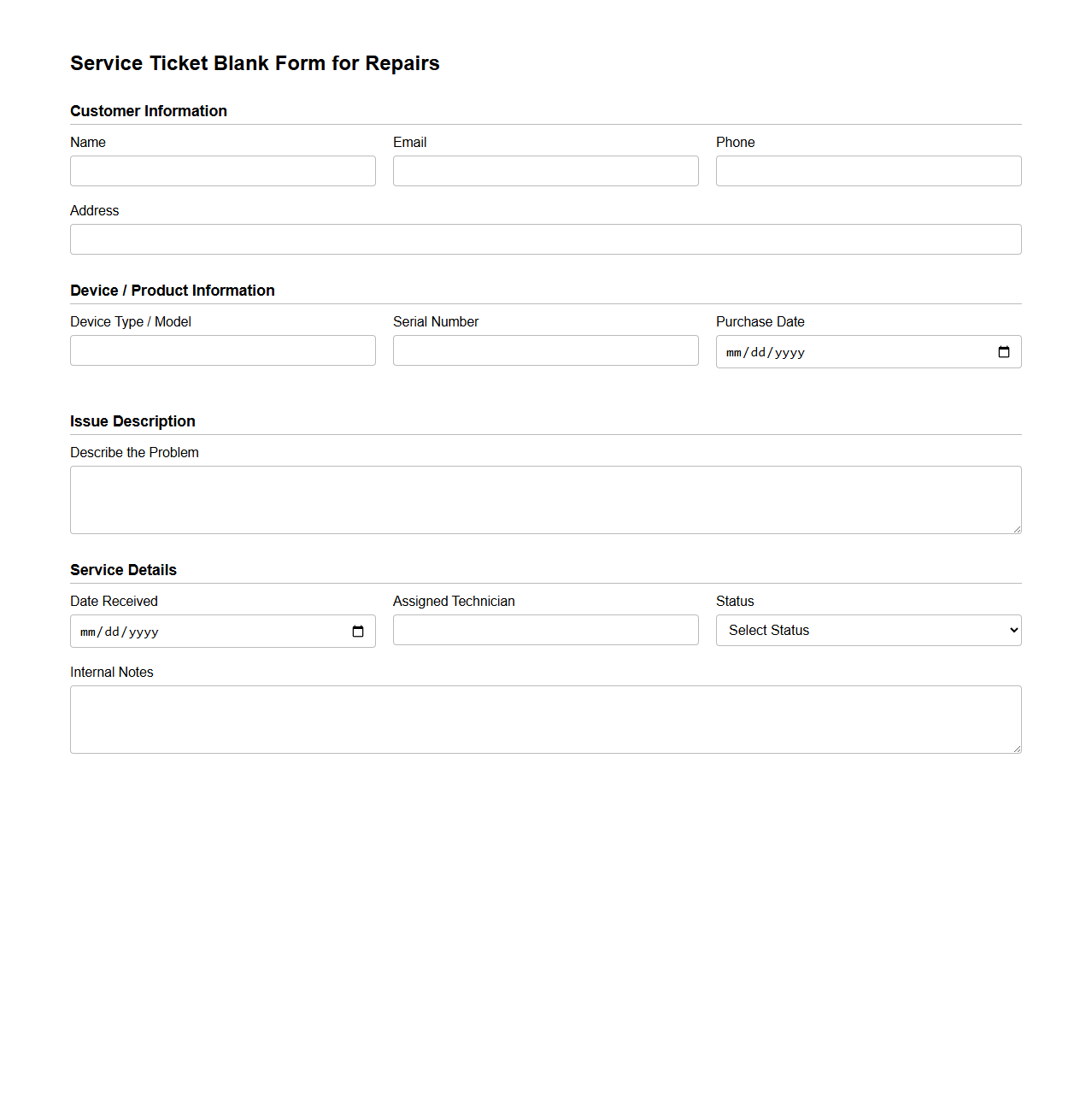 Service Ticket Blank Form for Repairs