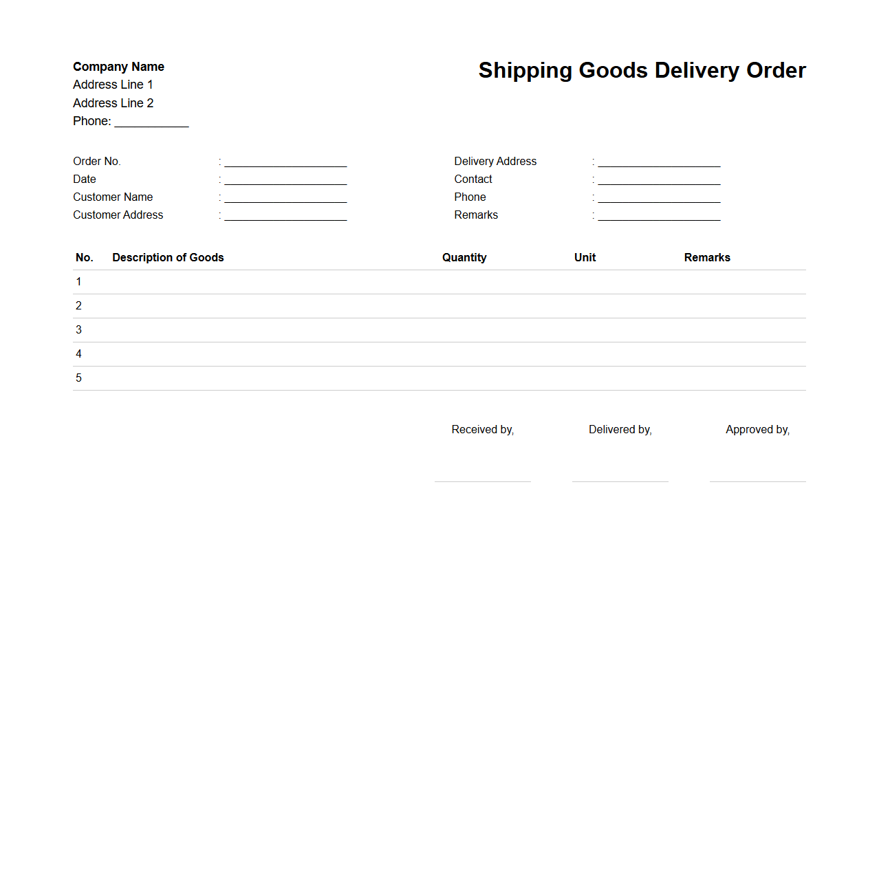 Shipping Goods Delivery Order Layout