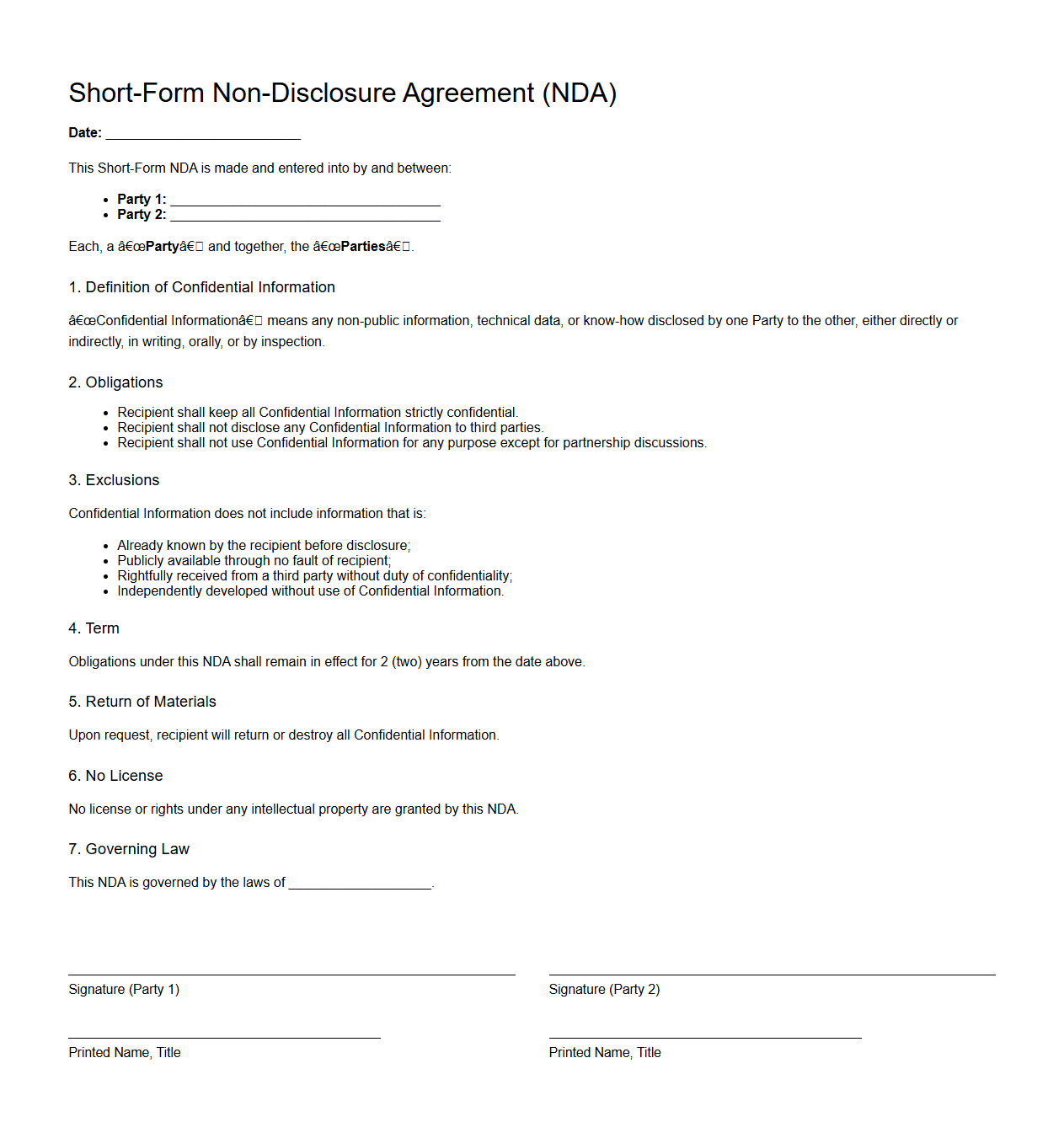 Short-Form NDA for Startup Partnerships