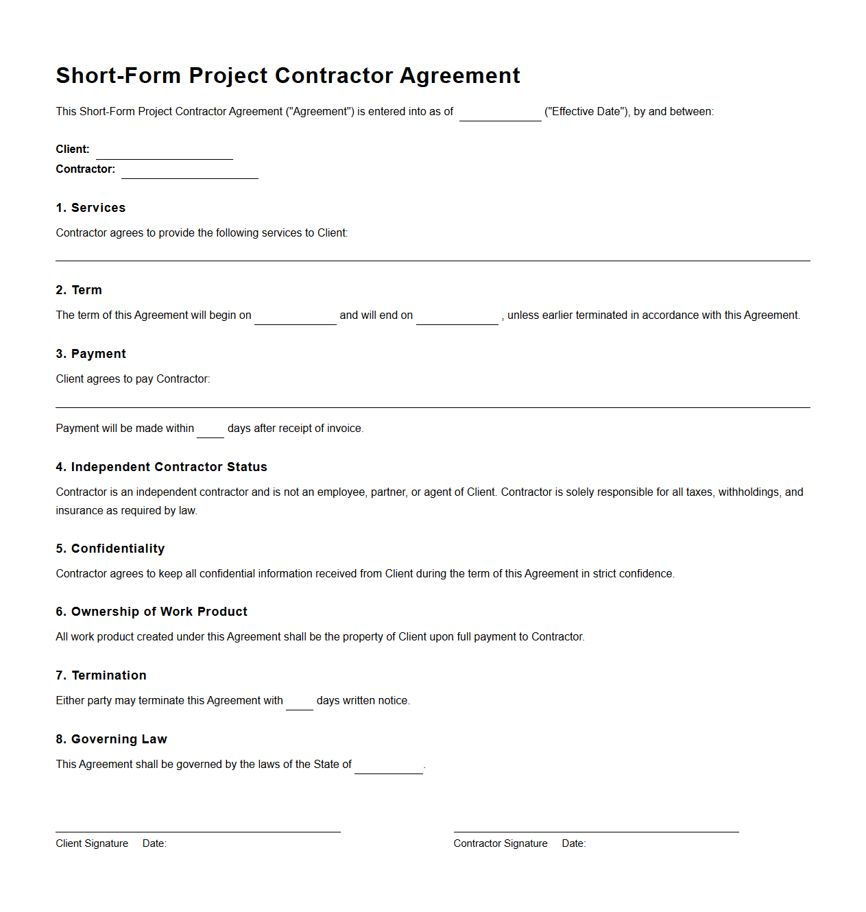 Short-Form Project Contractor Agreement Template