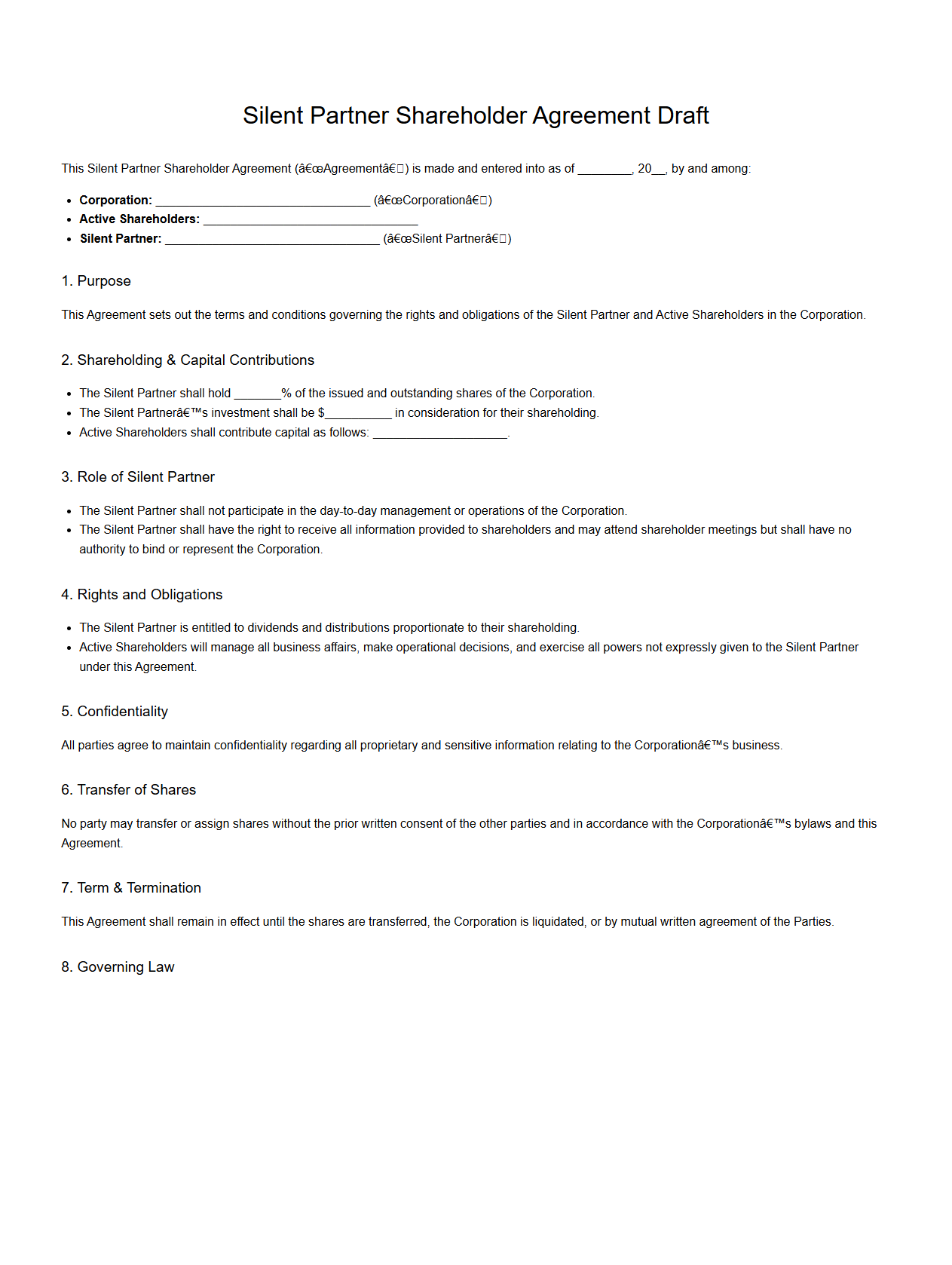 Silent Partner Shareholder Agreement Draft for Corporations