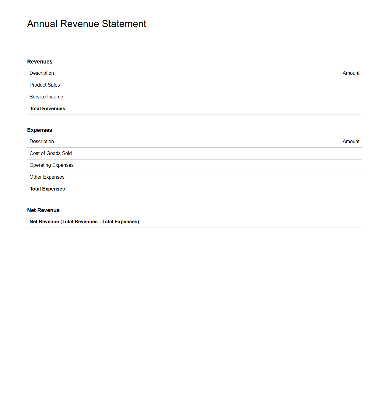 Simple Annual Revenue Statement Layout