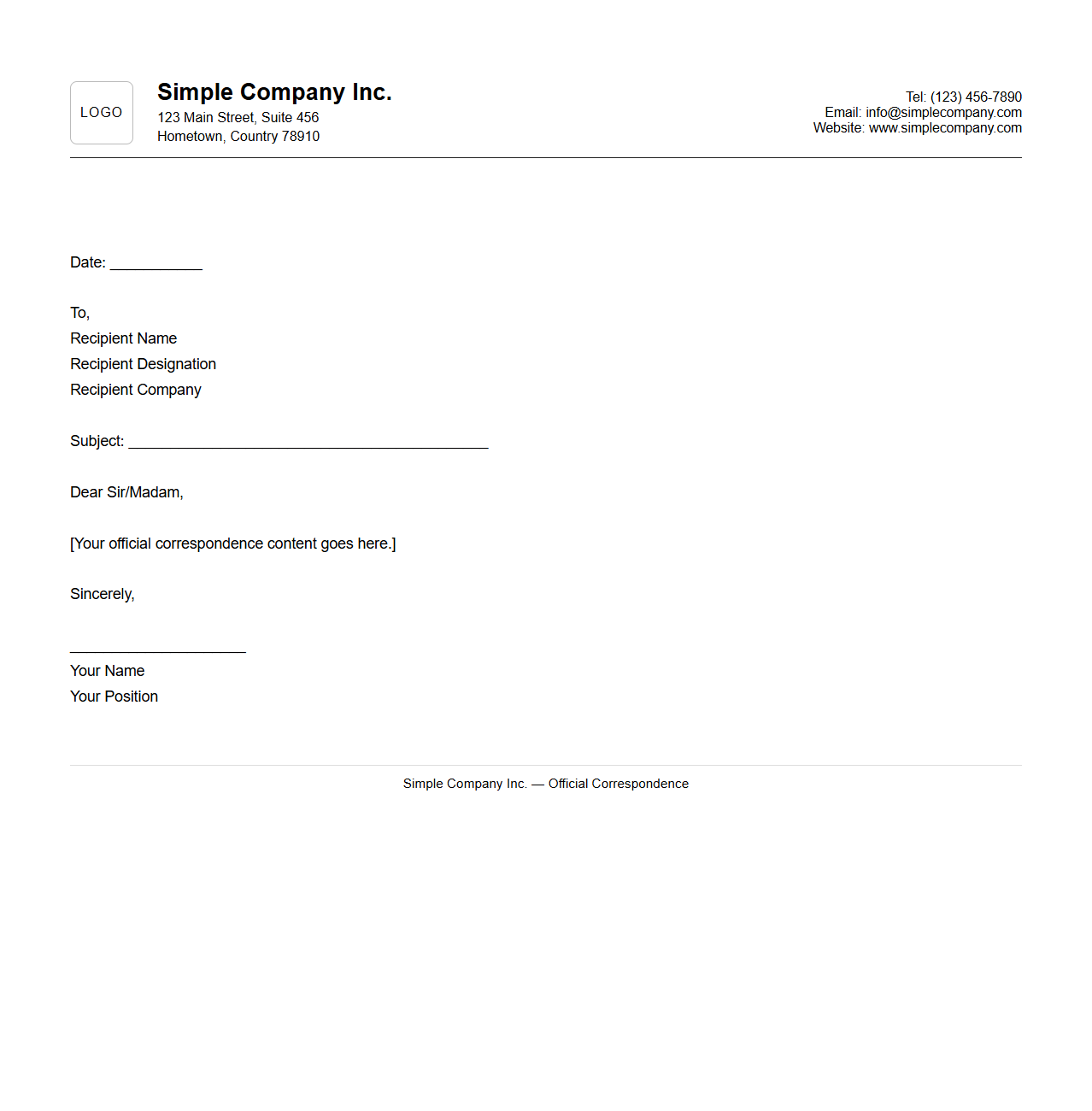 Simple Company Letterhead Design for Official Correspondence