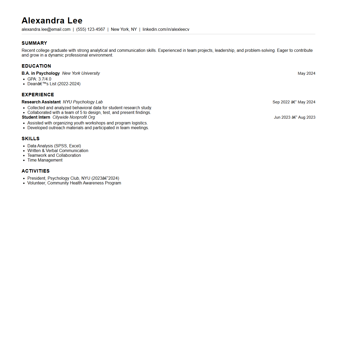 Simple CV Layout for Recent College Graduates