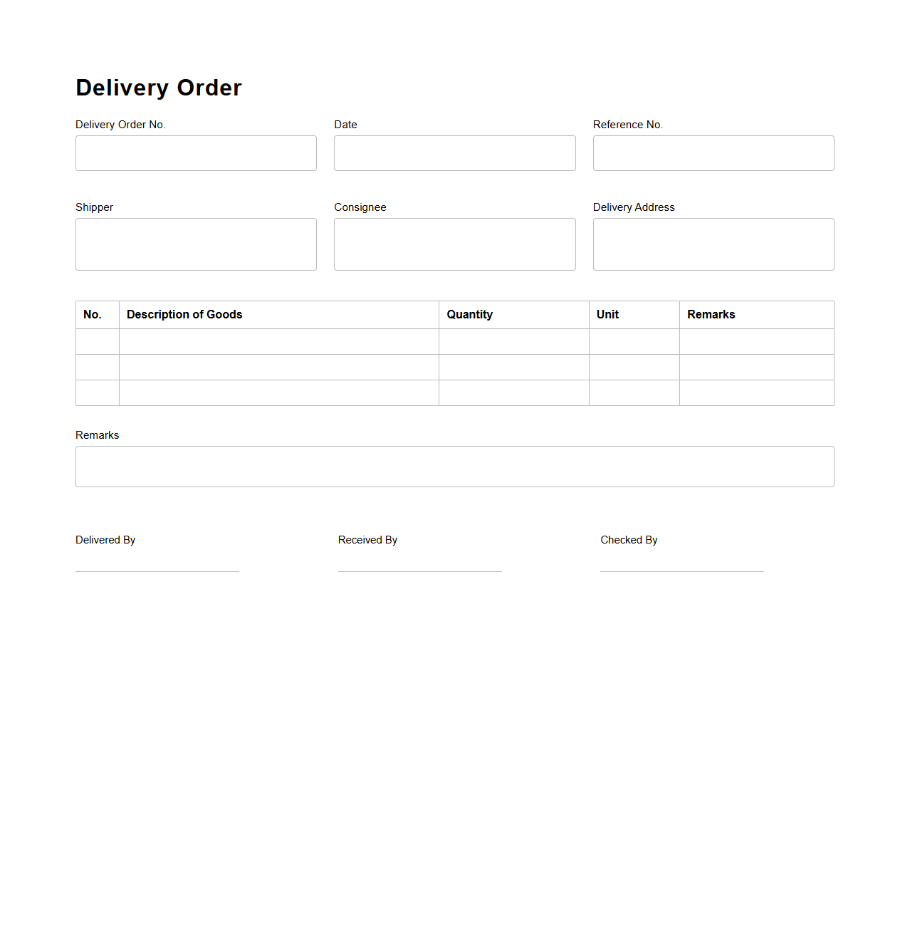 Simple Delivery Order Template for Shipments