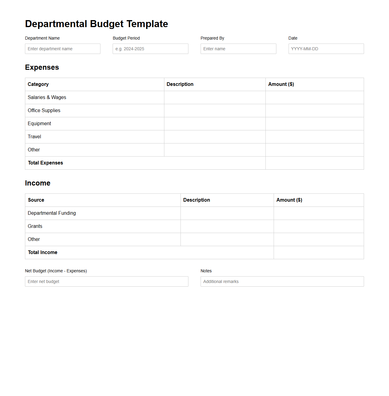 Simple Departmental Budget Template for Organizational Planning