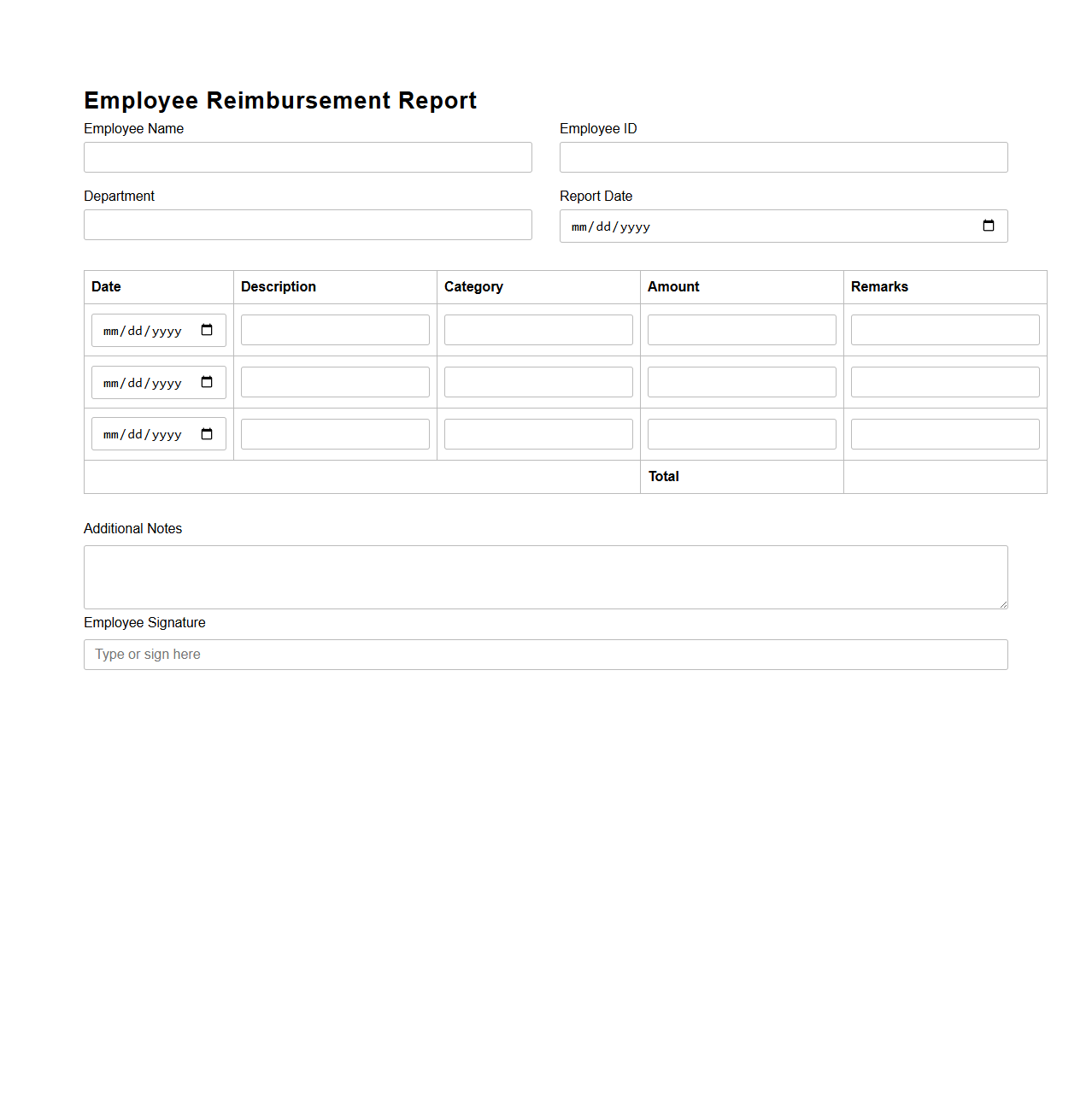 Simple Employee Reimbursement Report Template