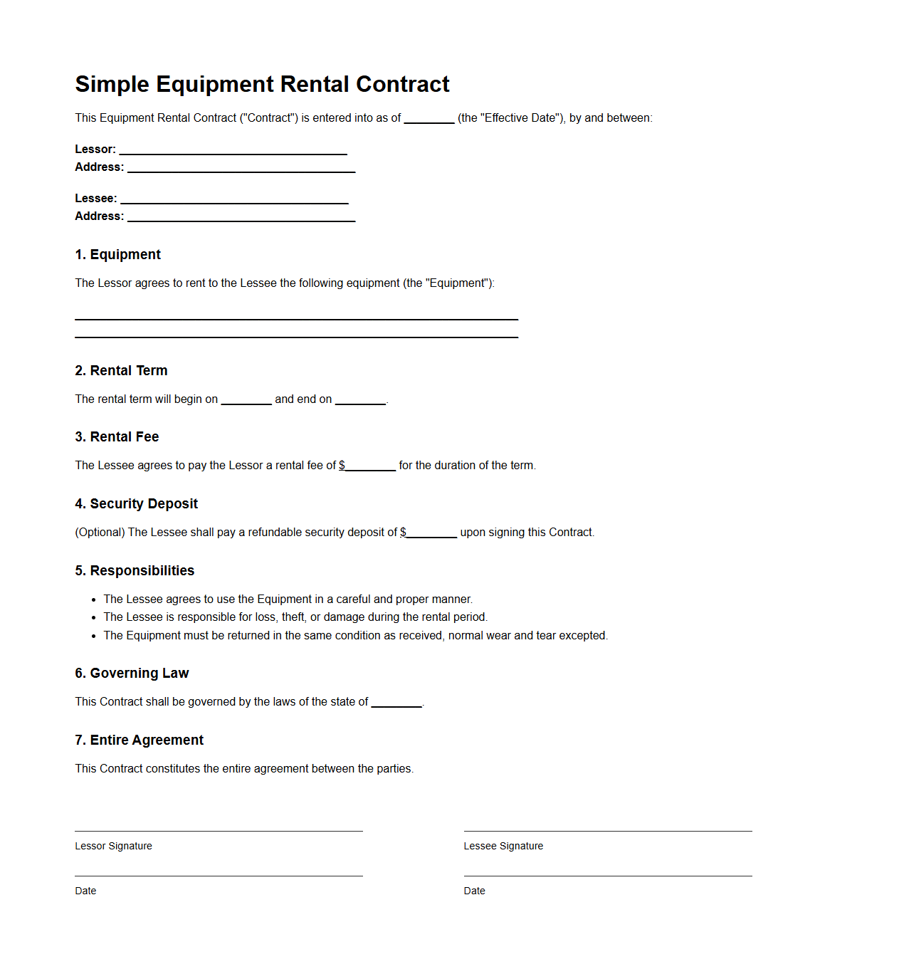 Simple Equipment Rental Contract