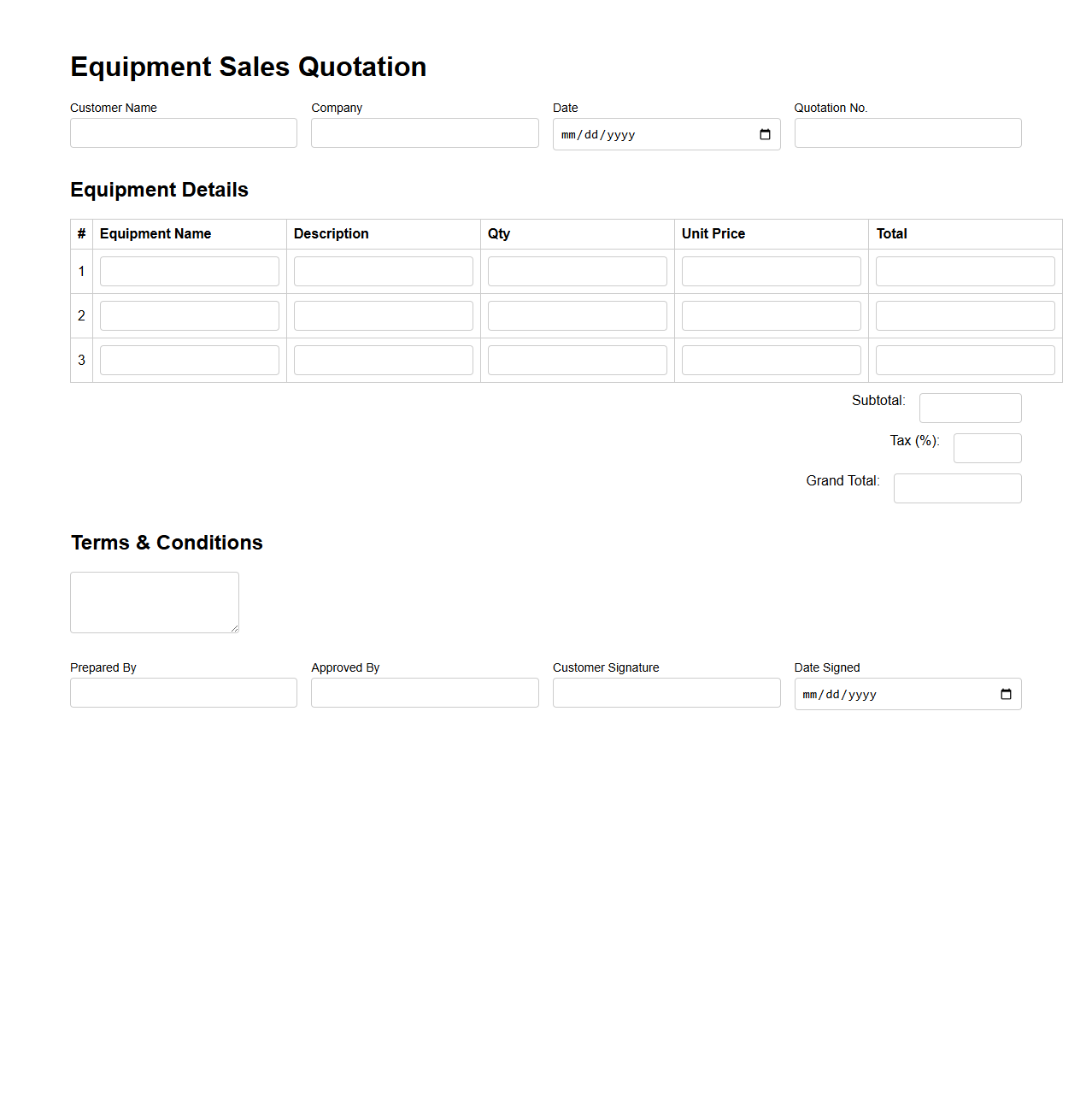 Simple Equipment Sales Quotation Form