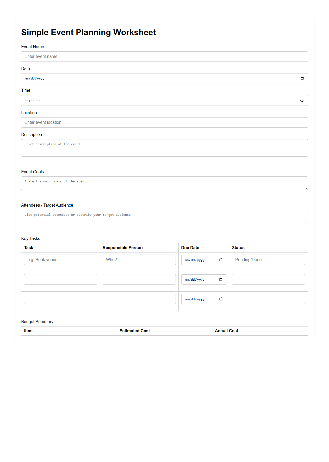 Simple Event Planning Worksheet Template