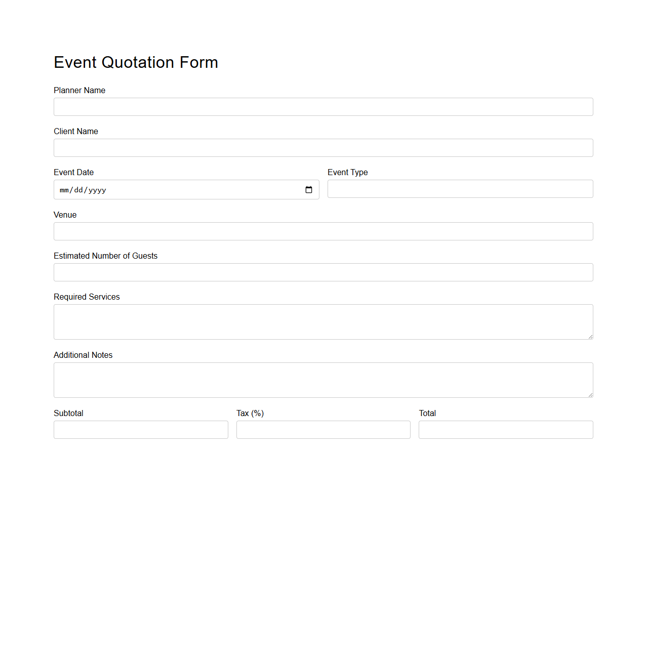 Simple Event Quotation Form for Planners
