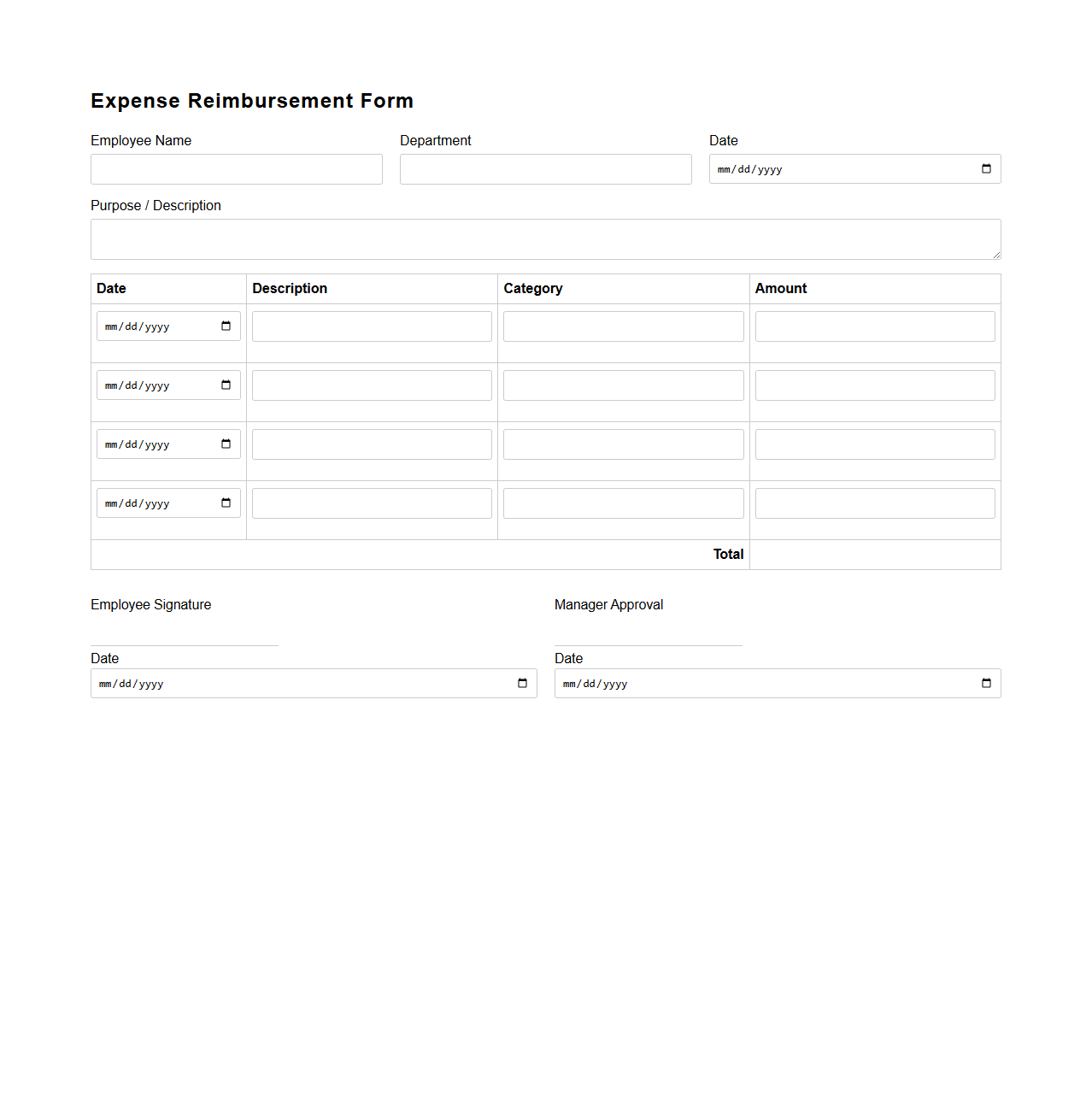 Simple Expense Reimbursement Form Template