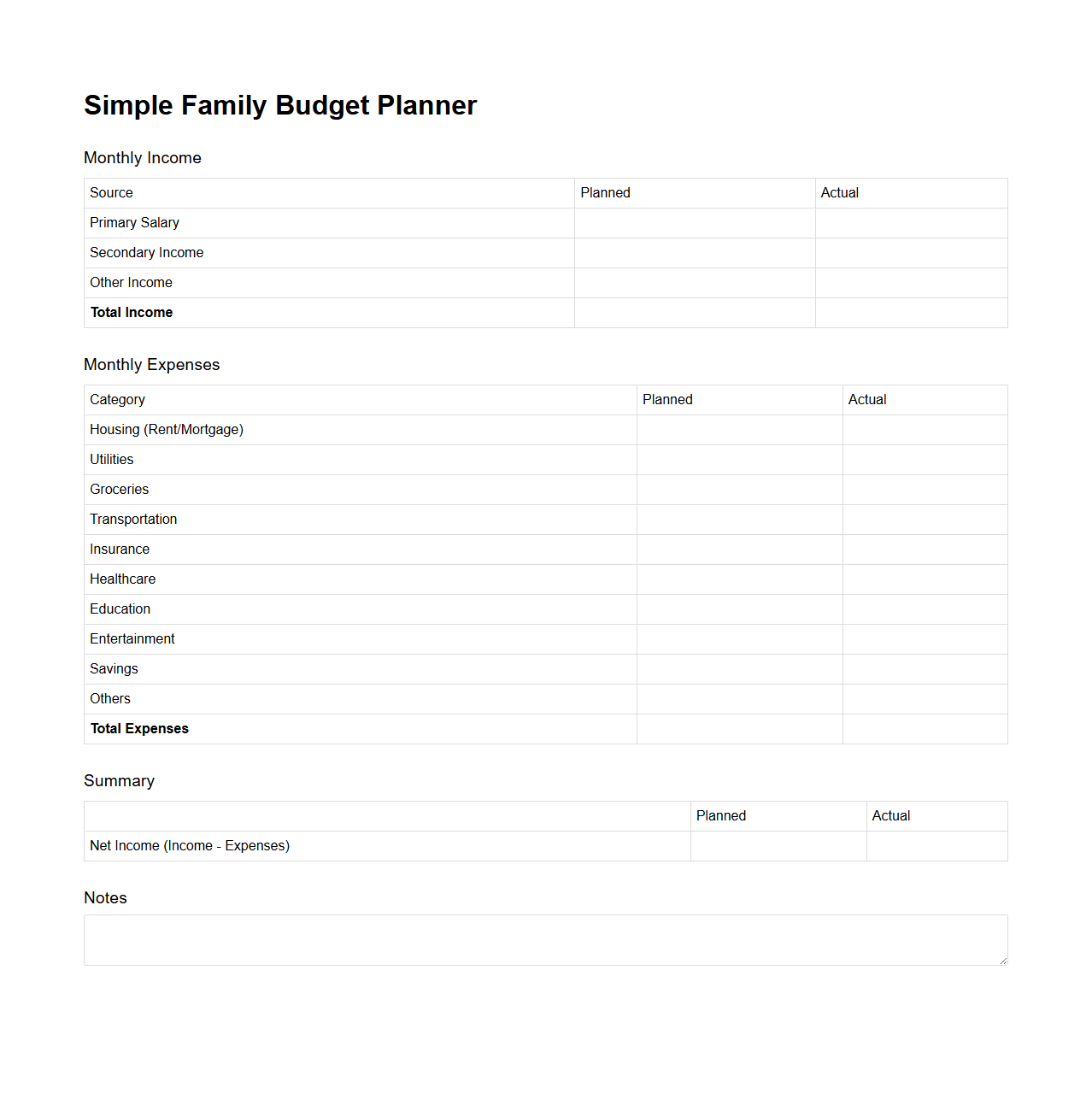Simple Family Budget Planner Template