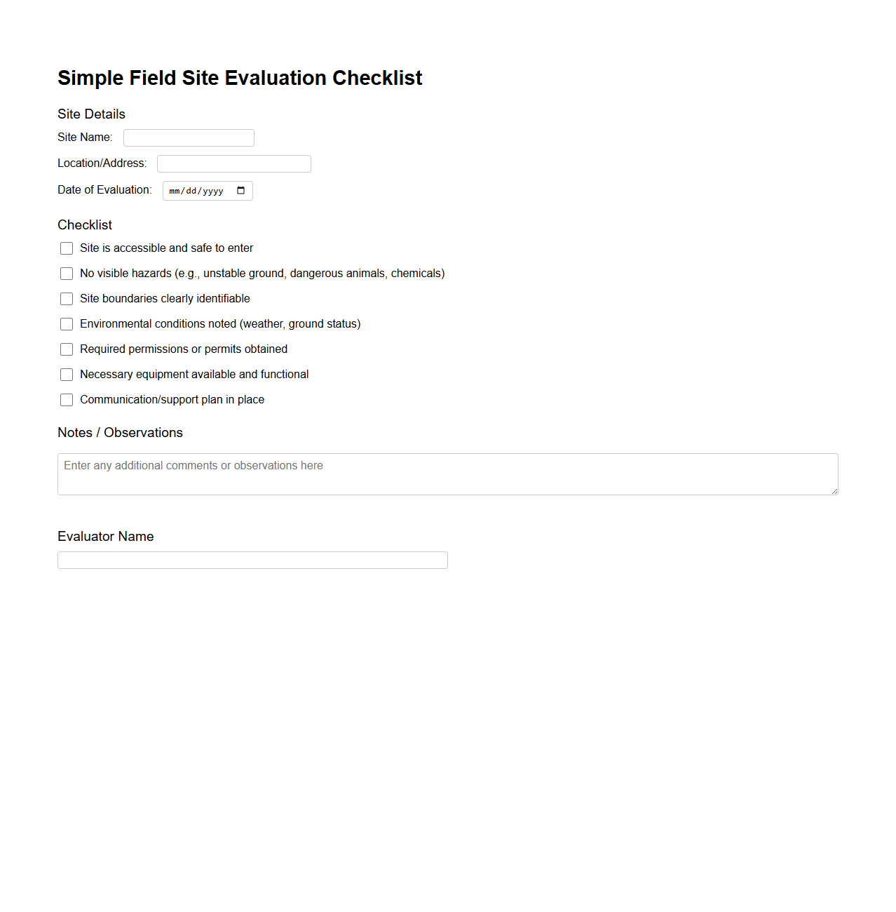 Simple Field Site Evaluation Checklist