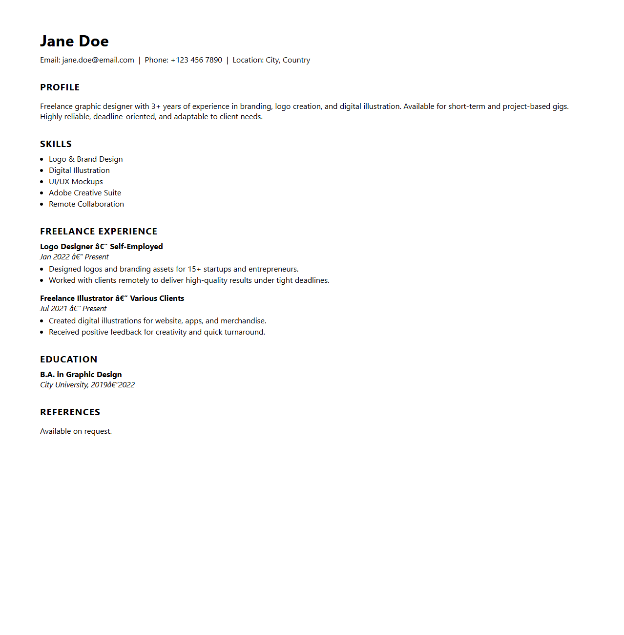 Simple Freelance CV Template for Short-Term Gigs