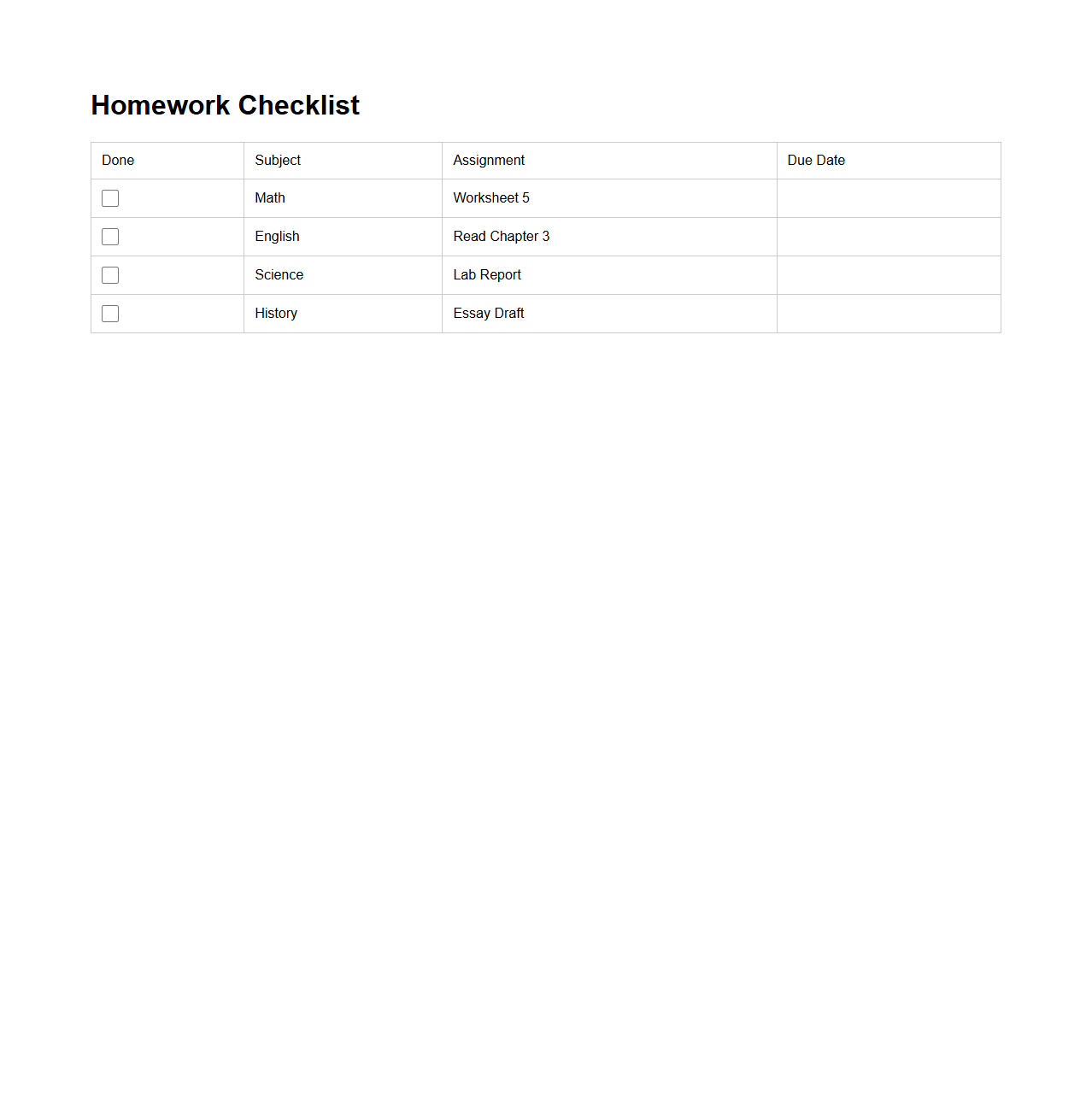 Simple Homework Checklist Template for Students