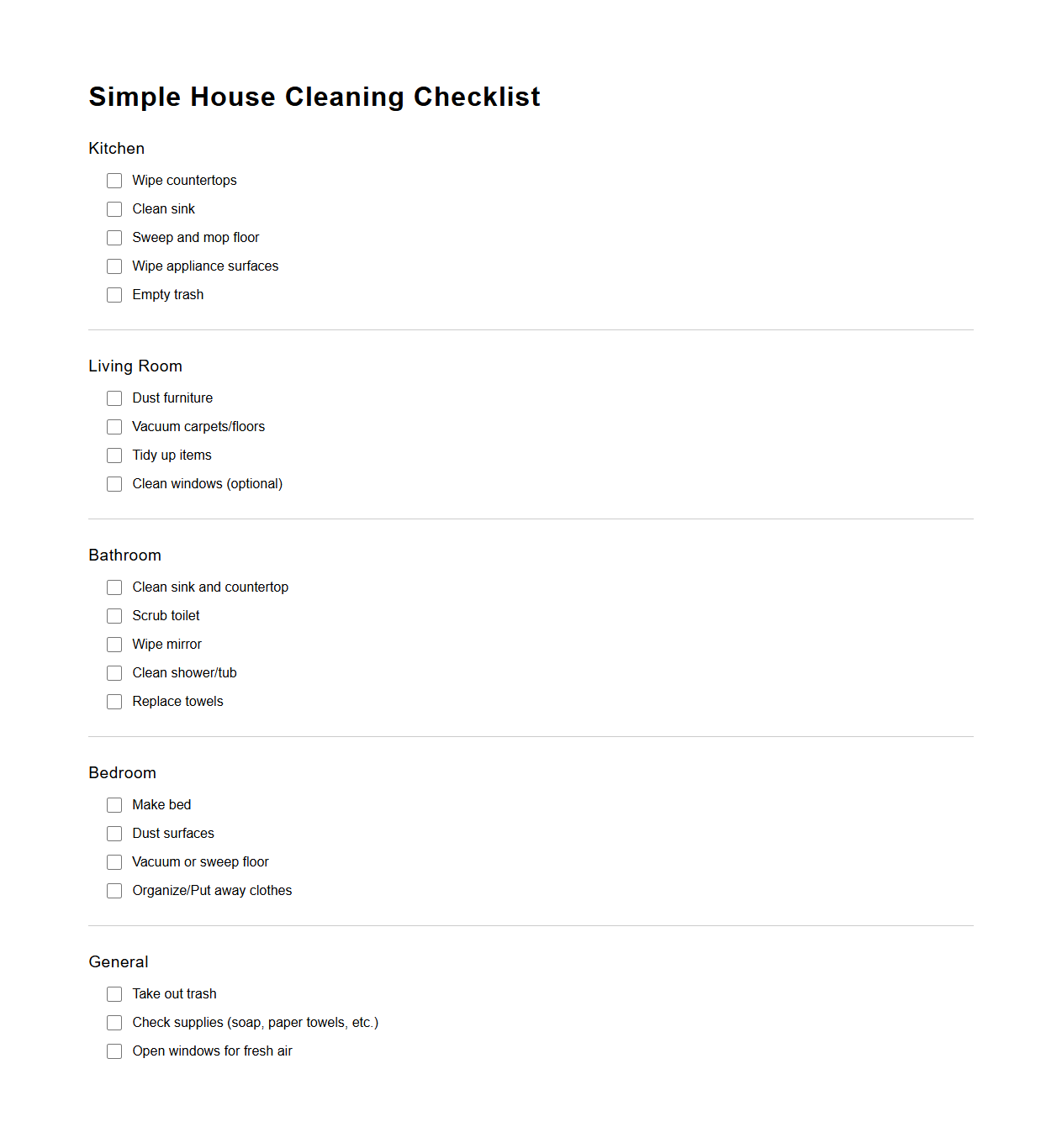 Simple House Cleaning Checklist Template