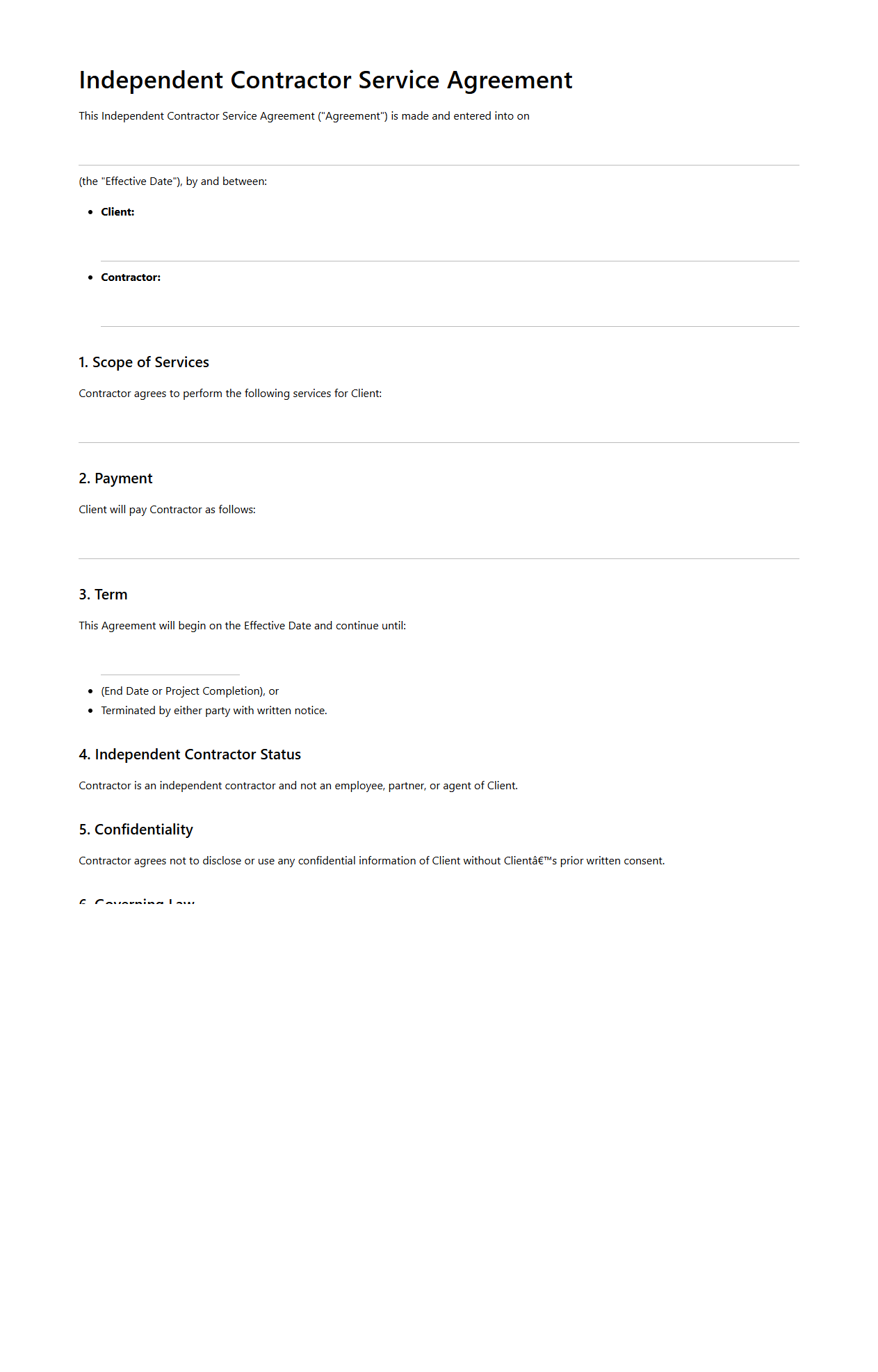 Simple Independent Contractor Service Agreement Template