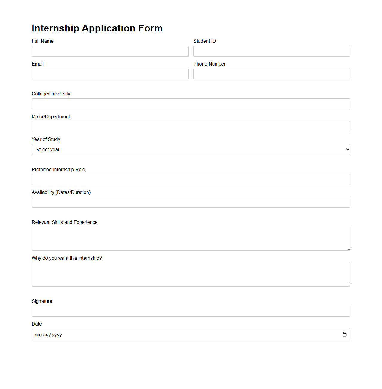 Simple Internship Application Template for College