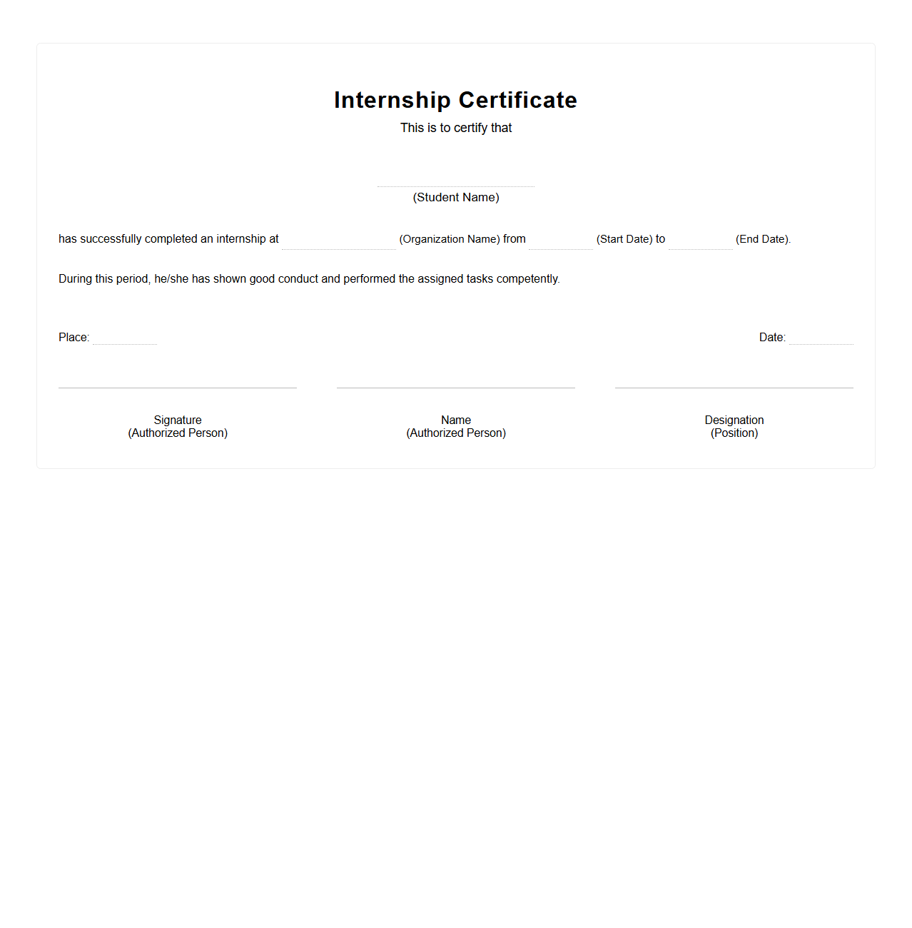 Simple Internship Certificate Template for Students