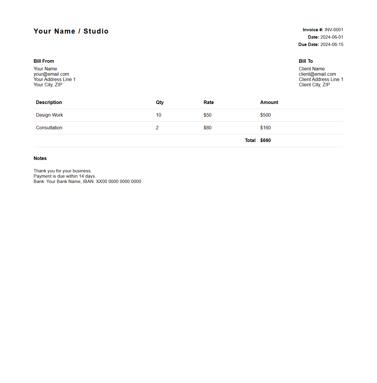 Simple Invoice Template for Freelancers