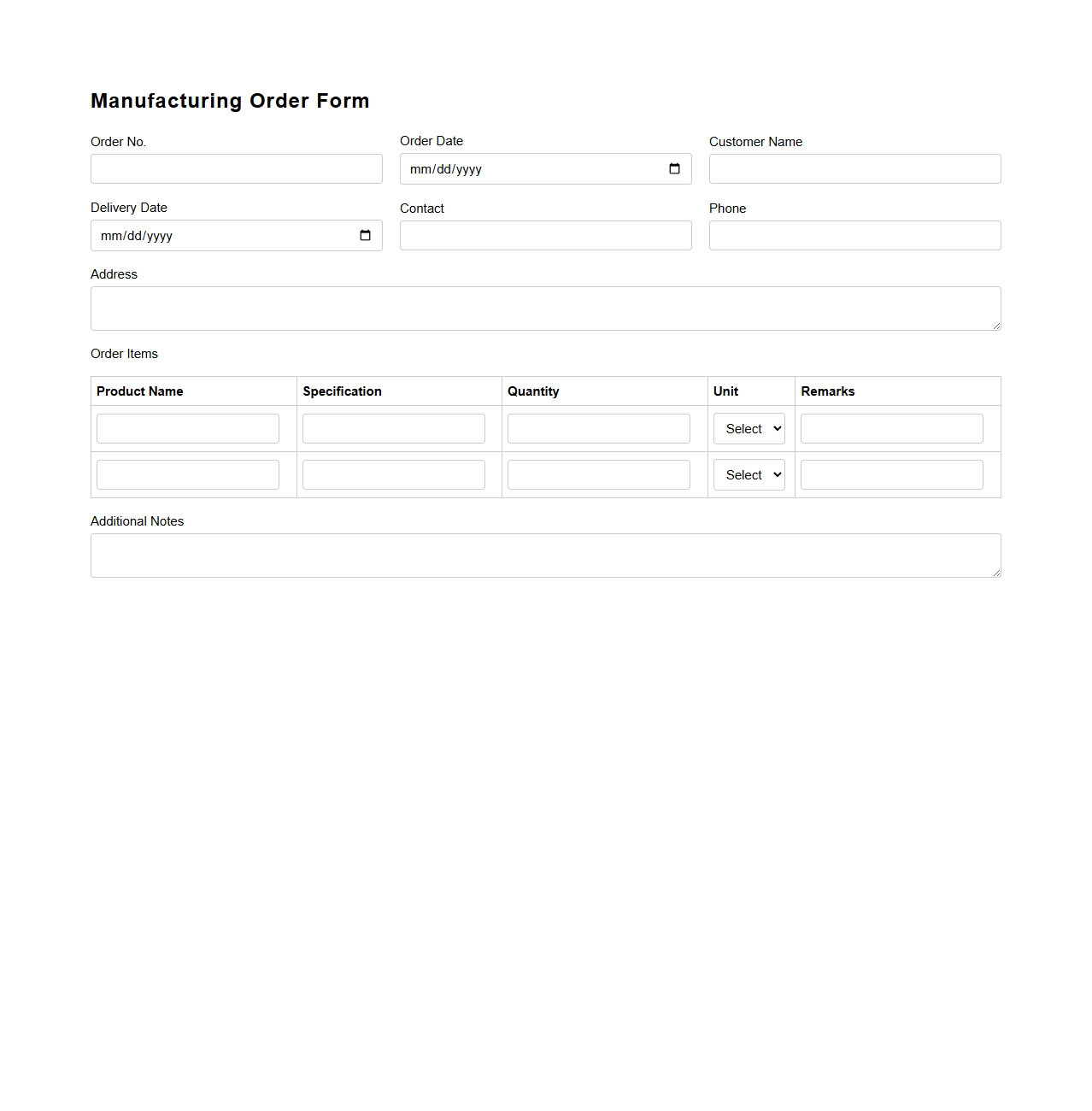Simple Manufacturing Order Form Template