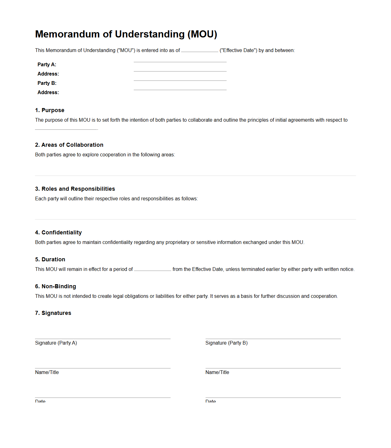 Simple Memorandum of Understanding Template for Initial Agreements