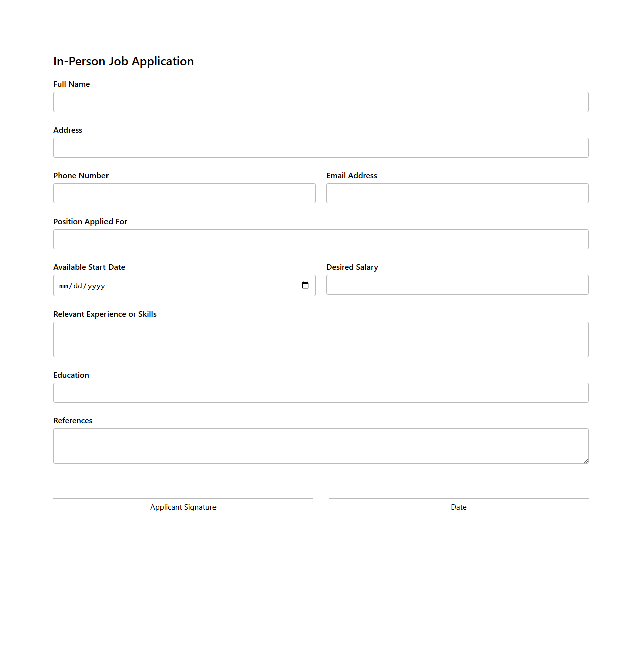 Simple In-Person Job Application Document
