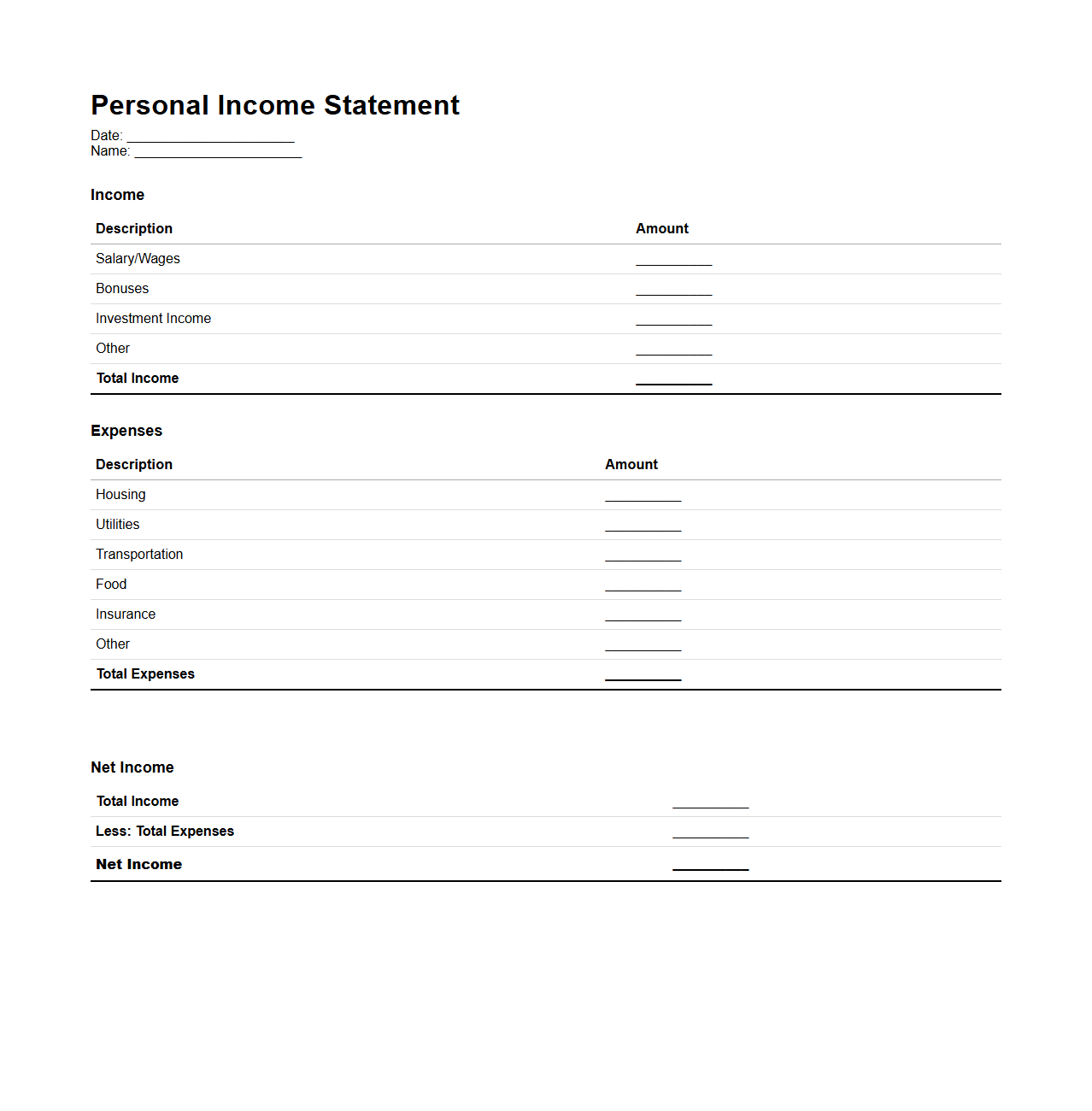 Simple Personal Income Statement Template